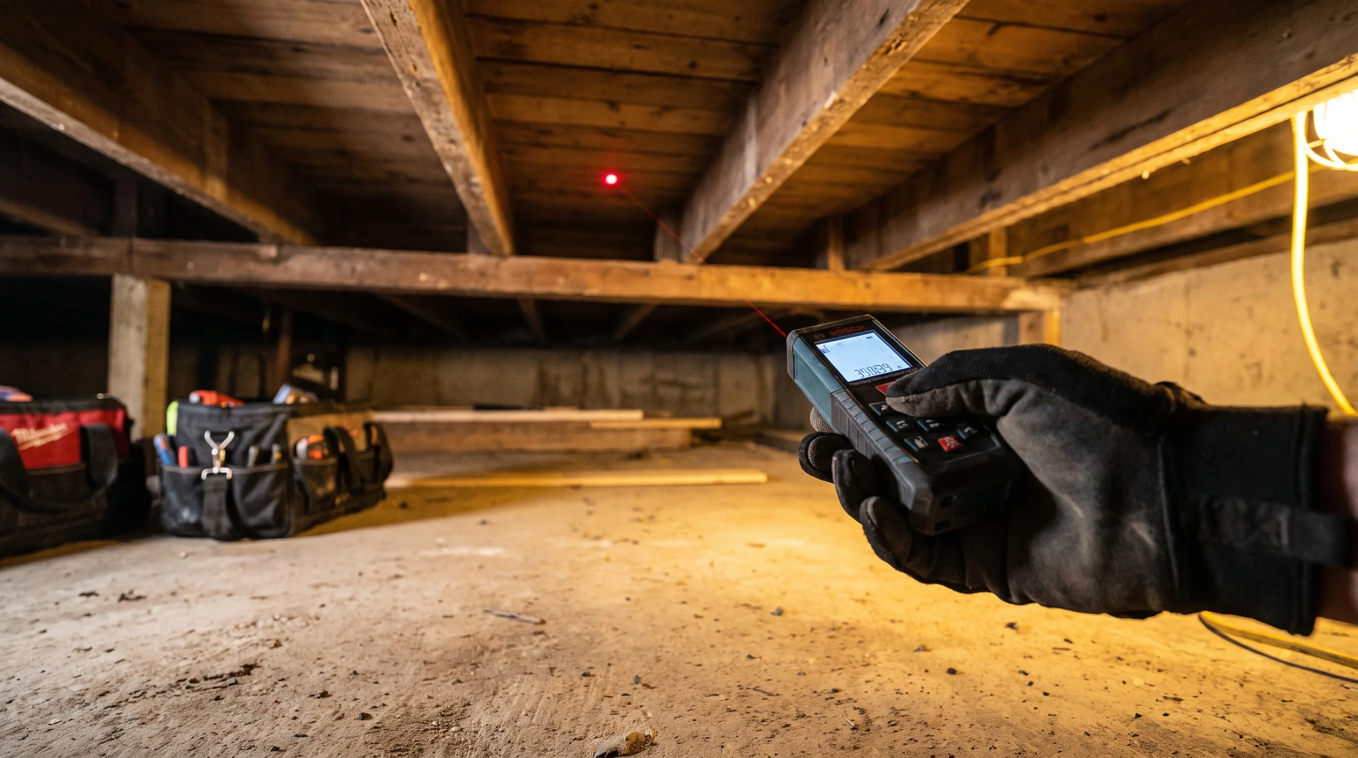 Project manager using a laser measure to confirm achievable ceiling height during a free basement lowering assessment in Hamilton