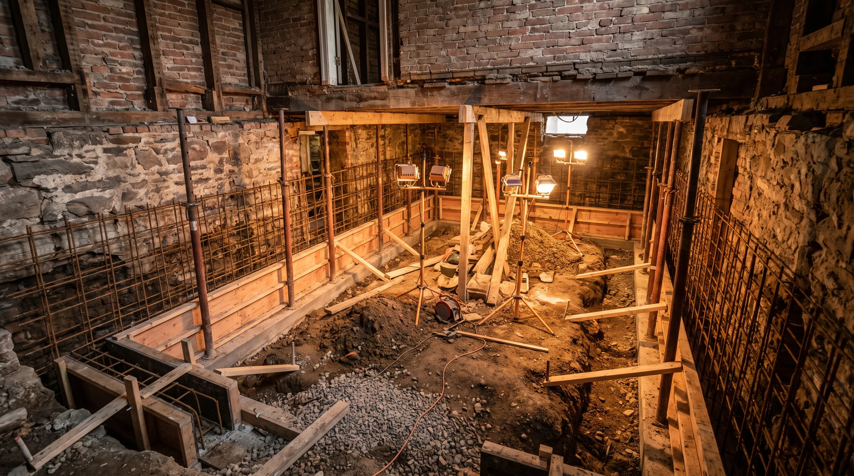 Full underpinning excavation beneath a century home foundation in Westdale, Hamilton
