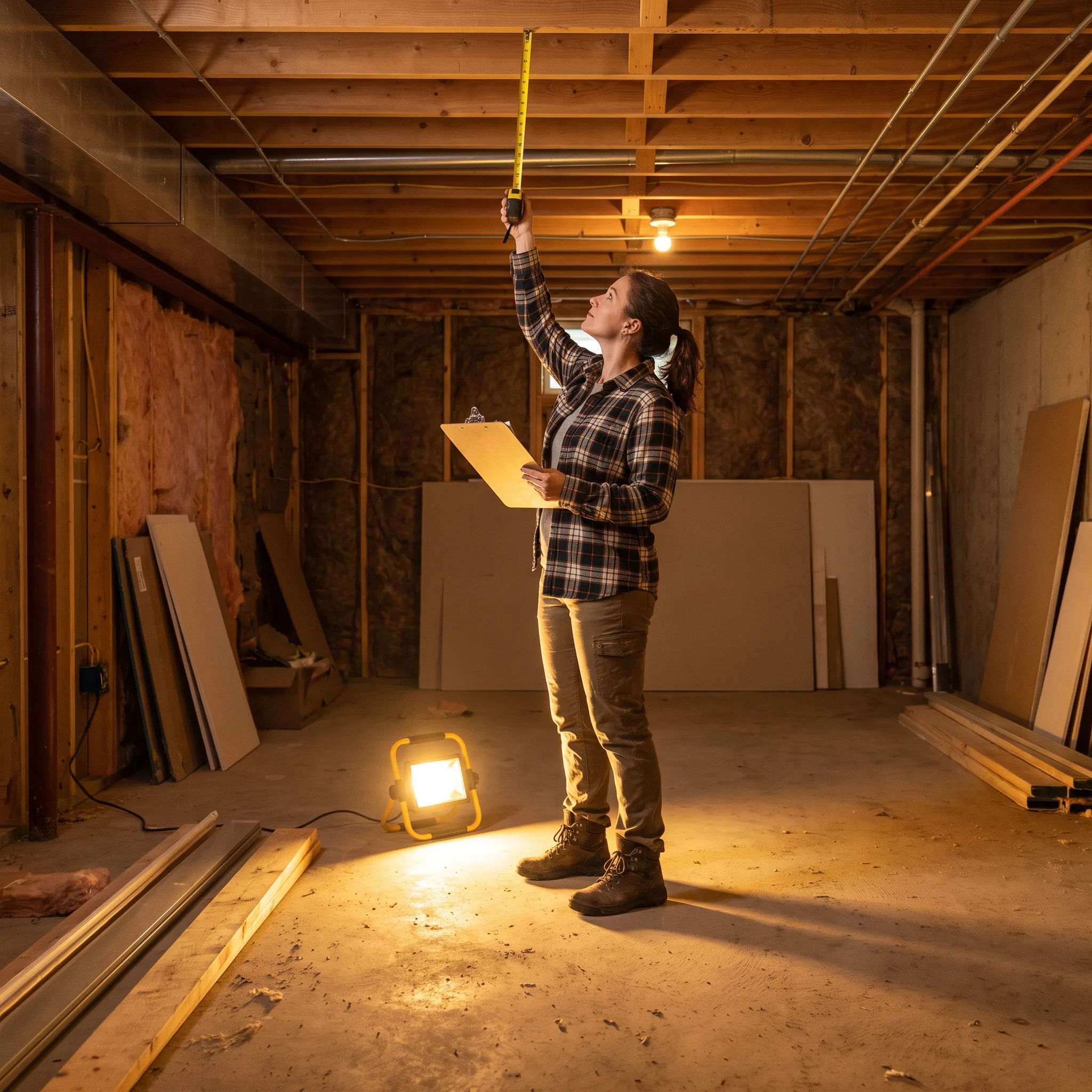 Project manager measuring basement ceiling height during a free lowering assessment in Hamilton