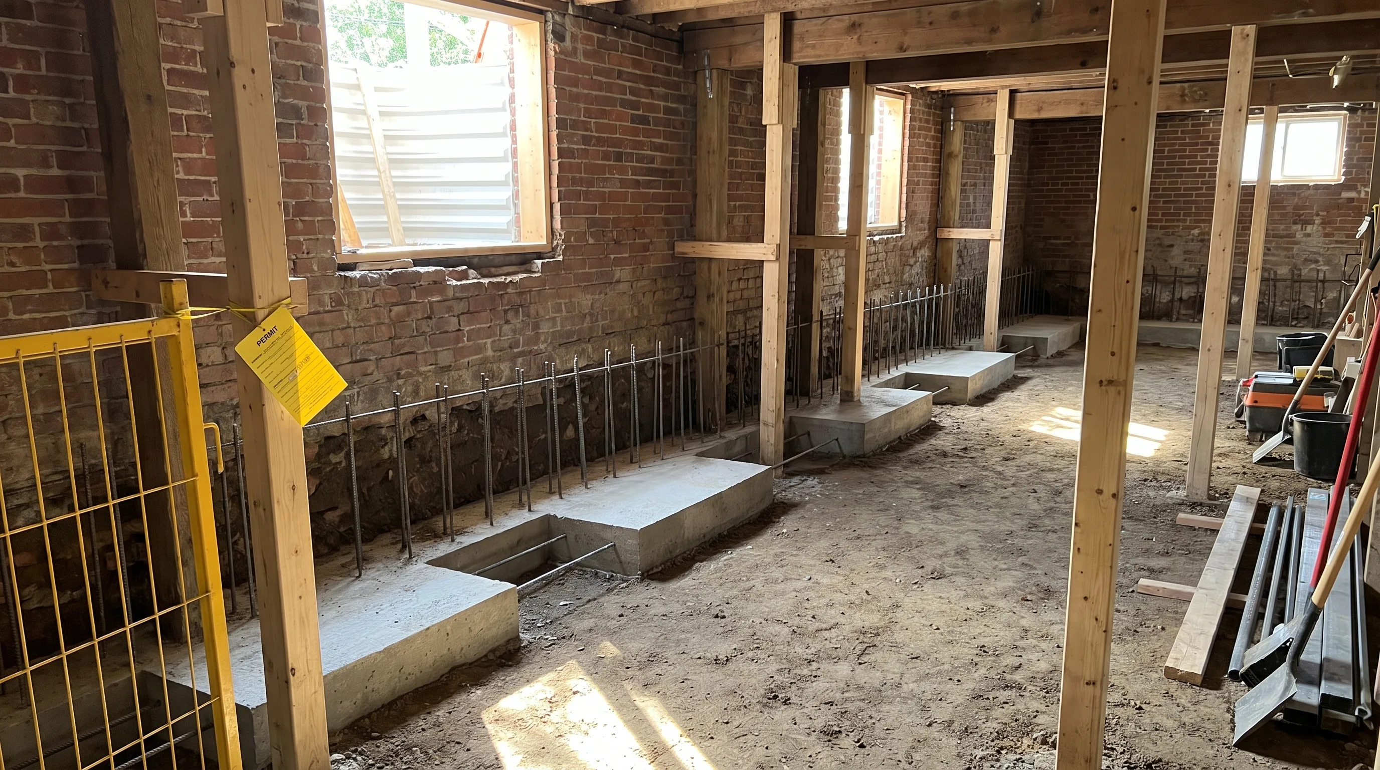 Basement lowering excavation and section-by-section footing pour beneath a Hamilton home