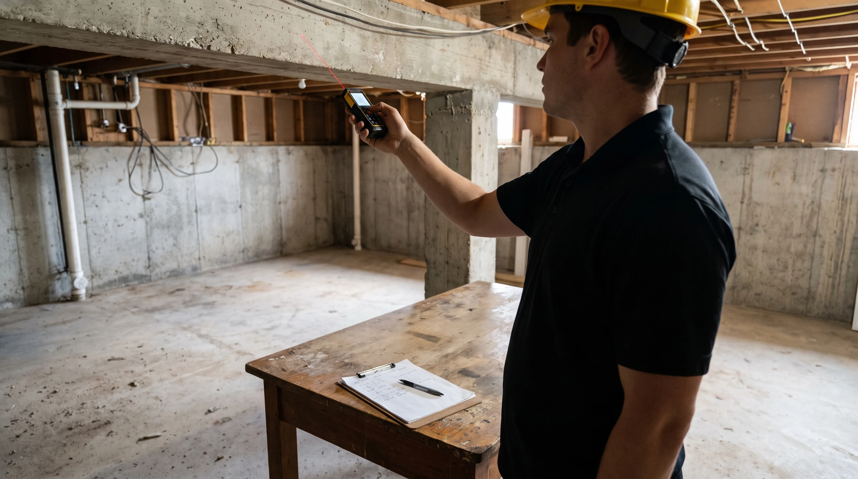 Project manager measuring basement ceiling height during a free assessment in Hamilton