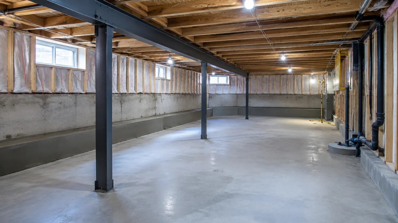 Framed and insulated basement with steel support beam after a legal secondary suite basement lowering project in Hamilton