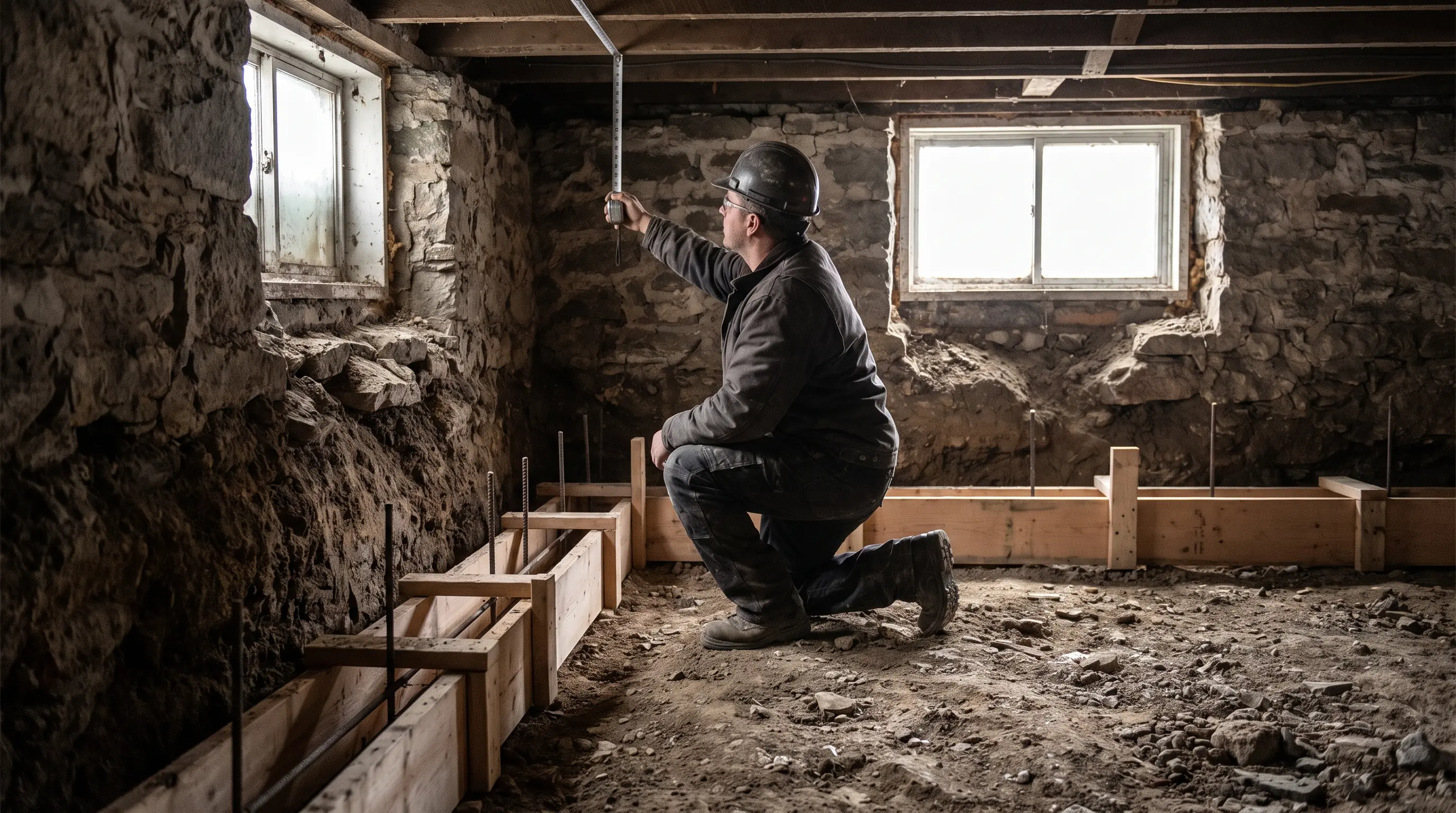 Structural engineer measuring foundation clearance during a legal suite basement lowering assessment in Homeside, Hamilton