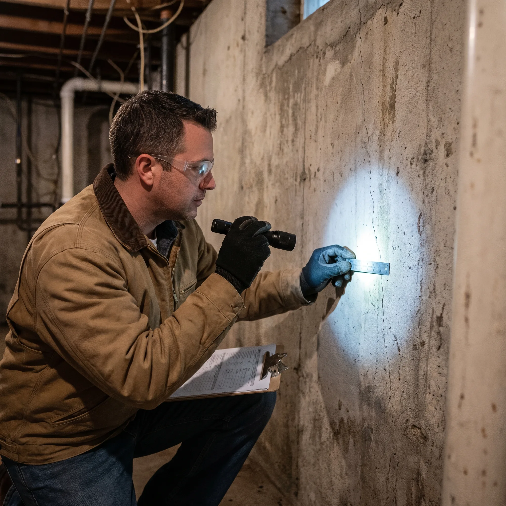 Project manager measuring a basement wall crack during a free structural assessment in Hamilton