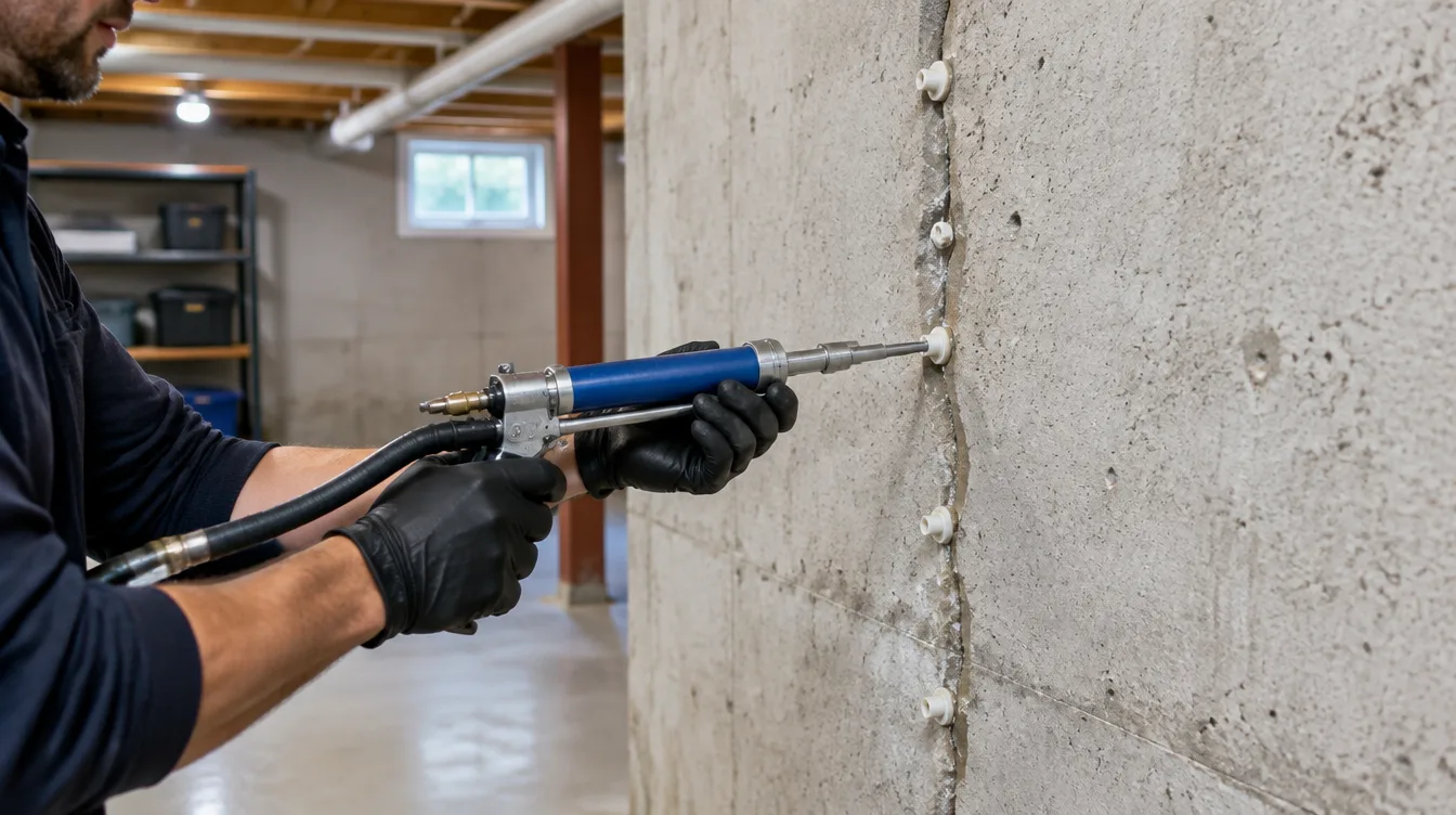 Contractor installing injection ports along a cracked basement wall in a Hamilton home