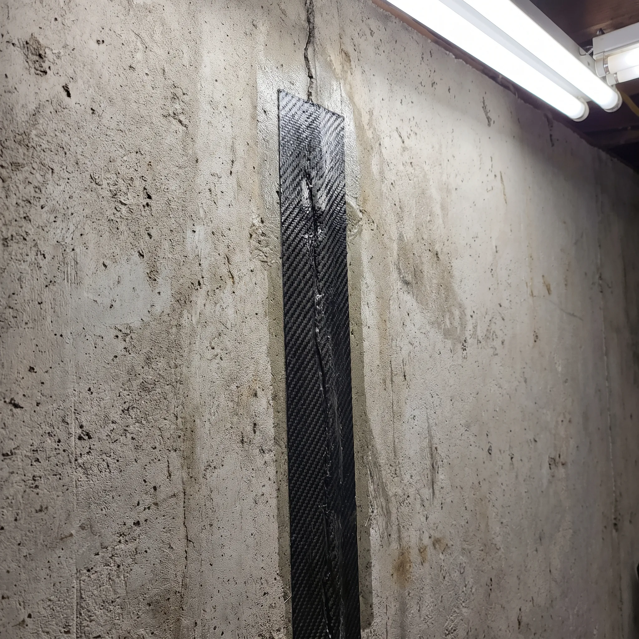 Carbon fibre reinforcement strap installed over a repaired basement wall crack in Kirkendall, Hamilton