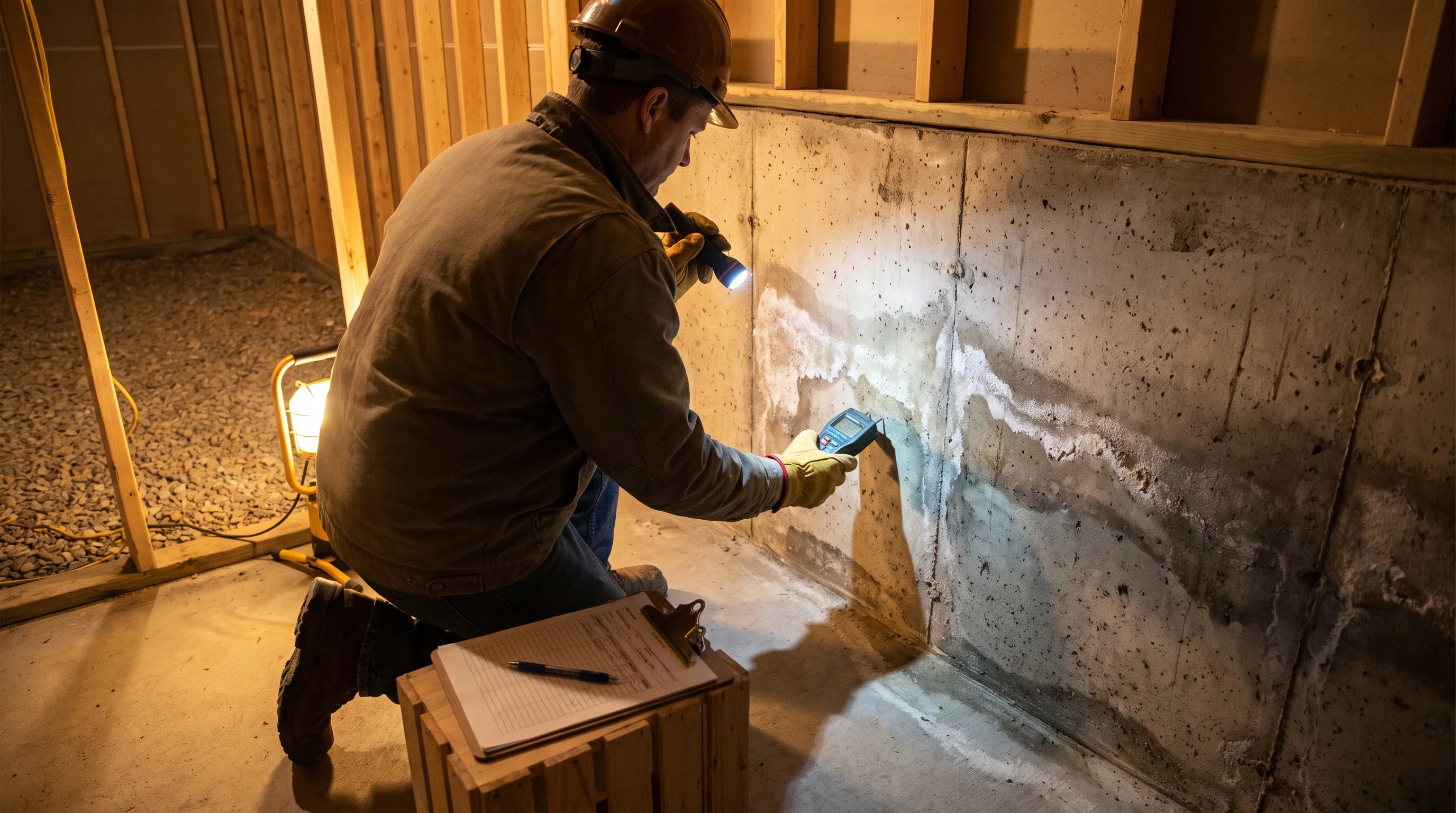 Project manager inspecting a basement foundation wall for water entry points during a free waterproofing assessment in Hamilton
