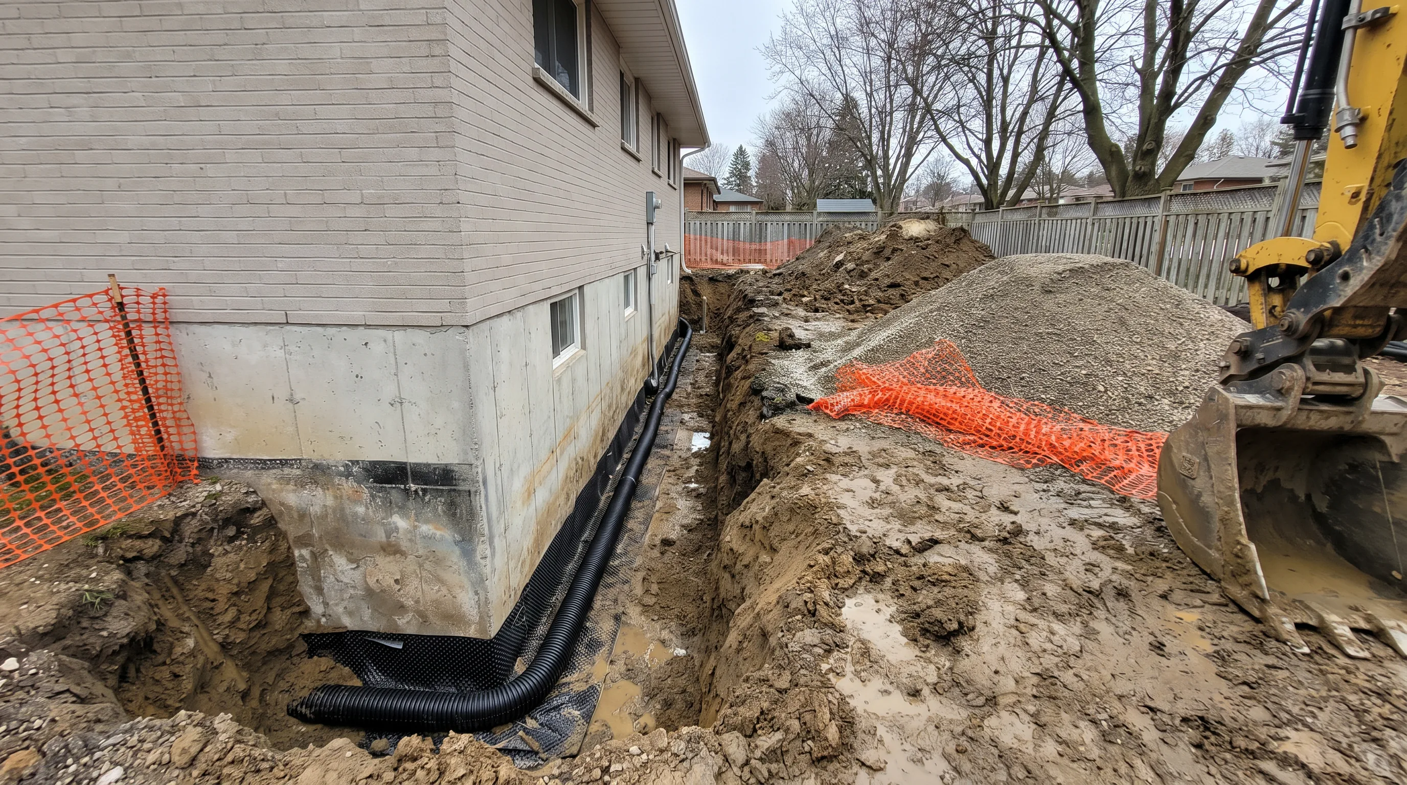 Excavated foundation trench with new weeping tile during a basement waterproofing project in Ancaster, Hamilton