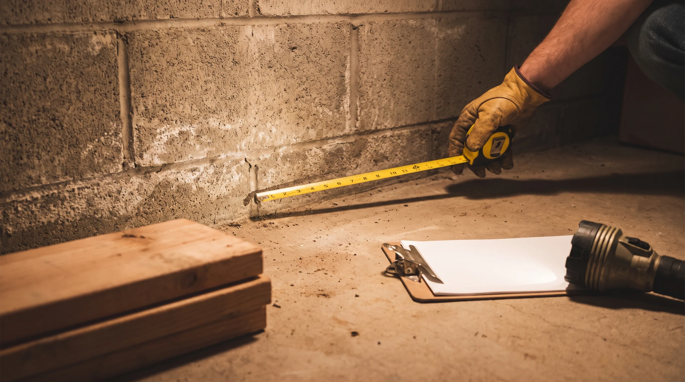 Project manager measuring basement perimeter during a free bench footings assessment in Hamilton