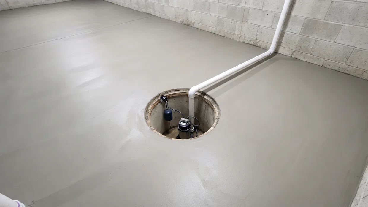 Newly installed sump pump pit in a Hamilton basement concrete floor with discharge pipe