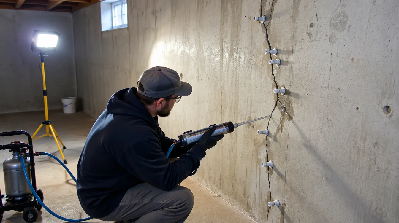 Contractor injecting epoxy into a foundation crack on a Hamilton home