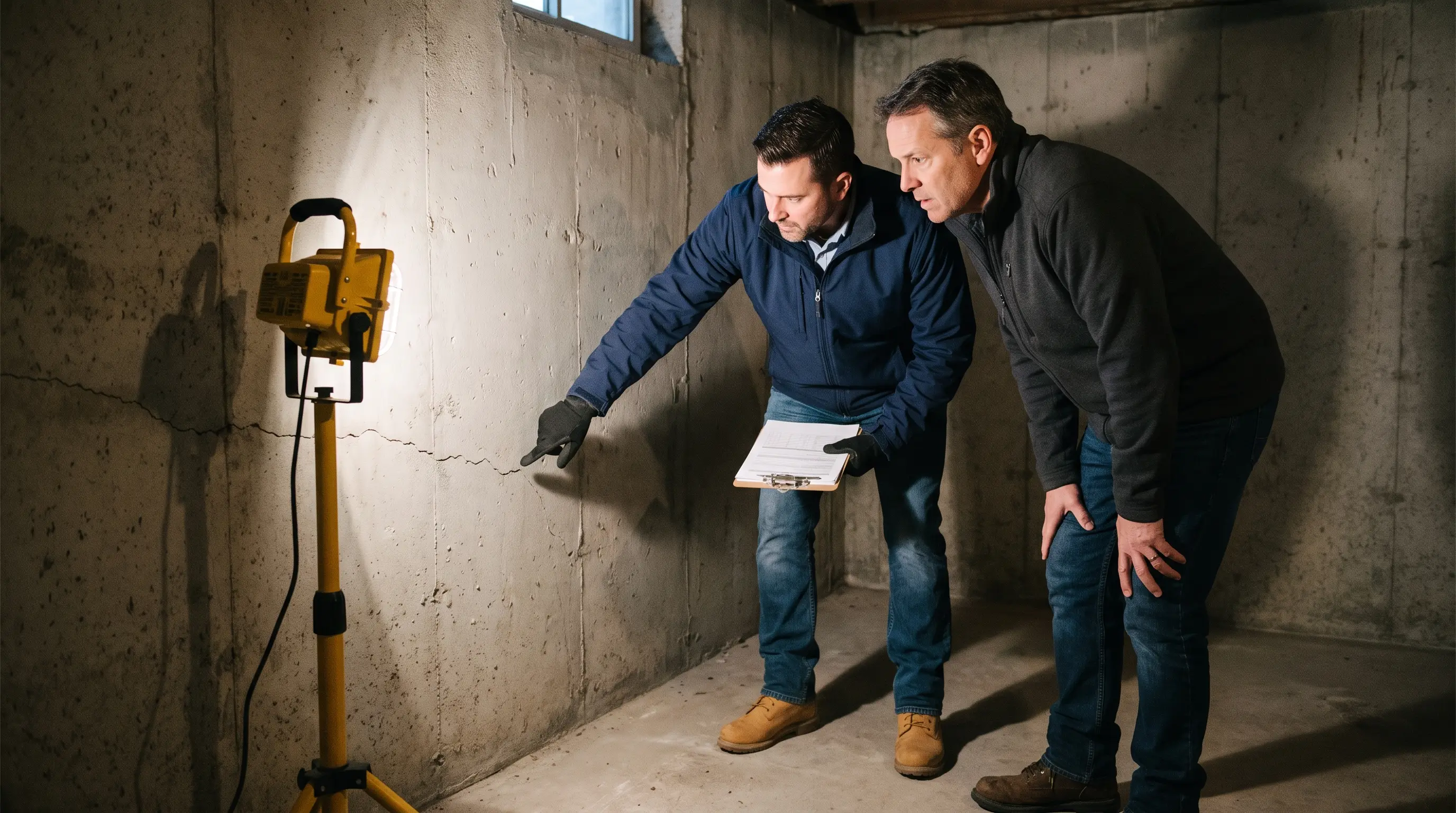 Project manager and homeowner examining a foundation crack during a free injection estimate in a Hamilton basement