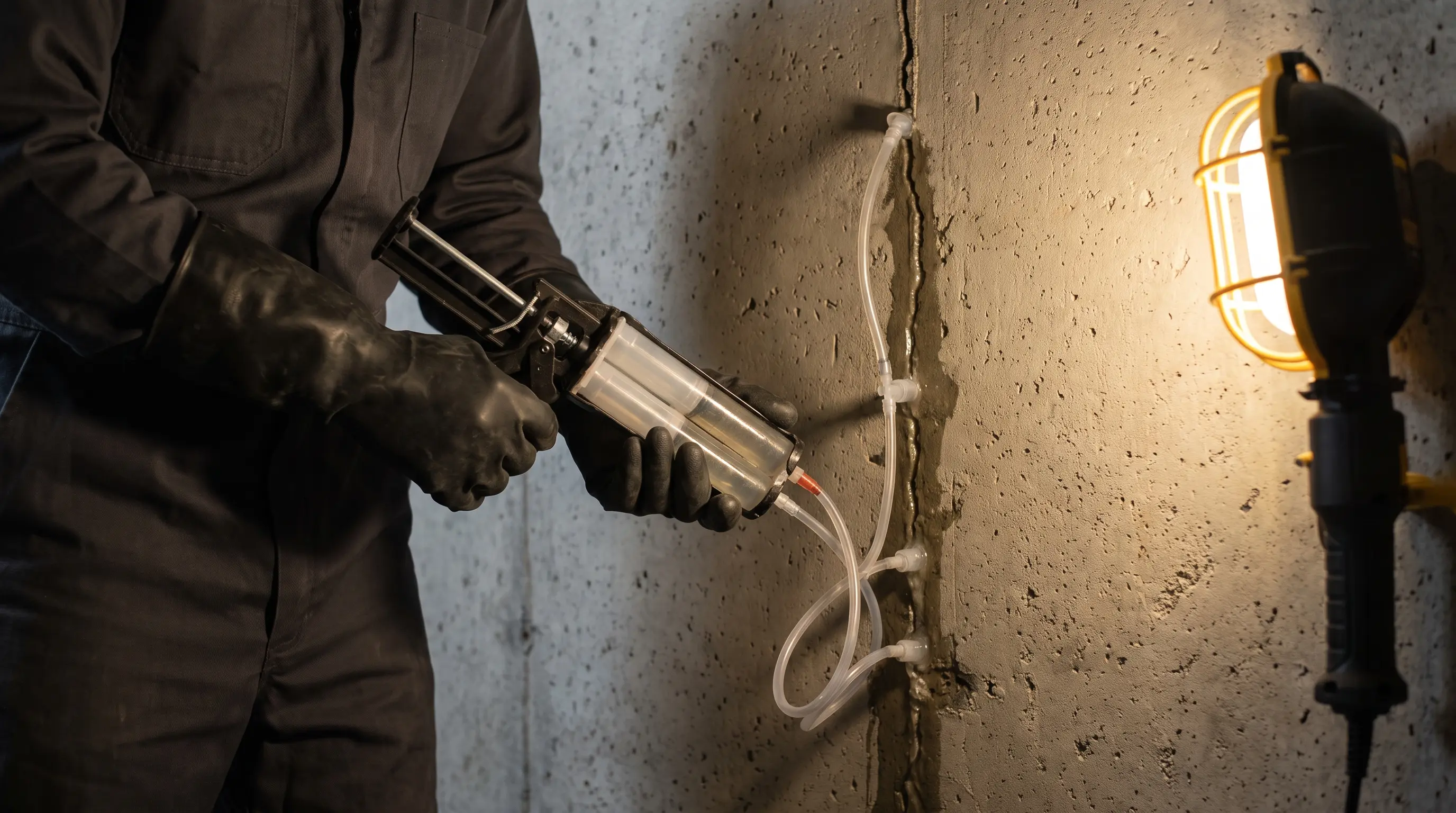 Technician injecting clear epoxy resin into a vertical foundation crack in a Hamilton basement wall