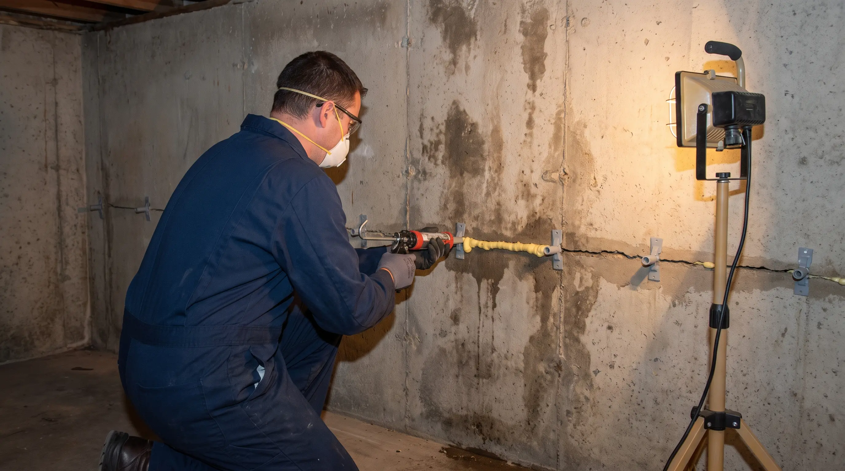 Technician injecting polyurethane sealant into an actively damp foundation crack in an Eastmount Hamilton basement