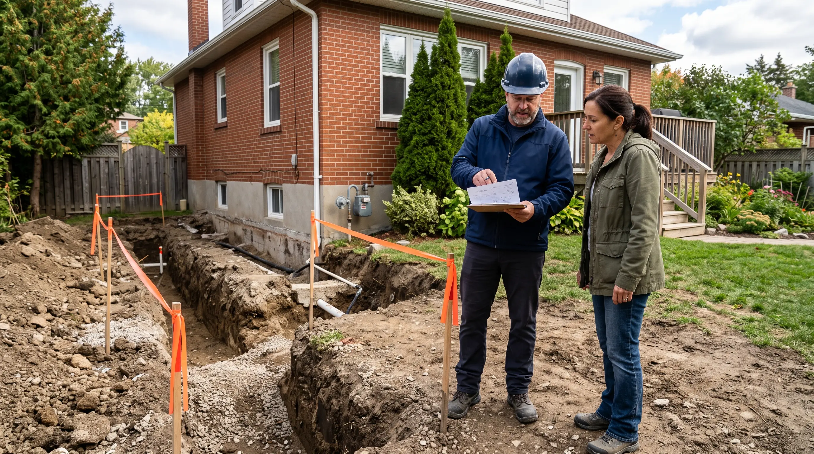 Project manager and homeowner reviewing an excavation site plan for a Hamilton exterior waterproofing estimate