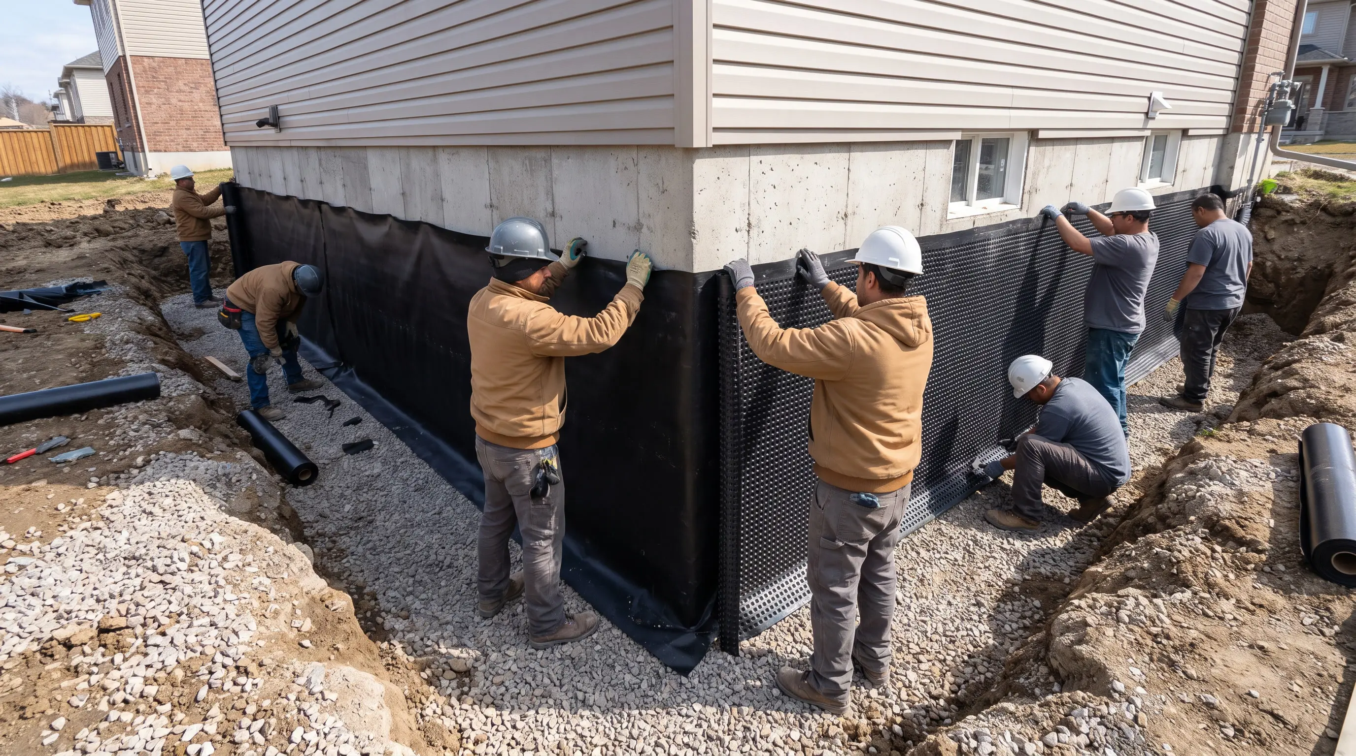 Crew installing a dimpled drainage board and waterproof membrane on an excavated foundation wall in Hamilton