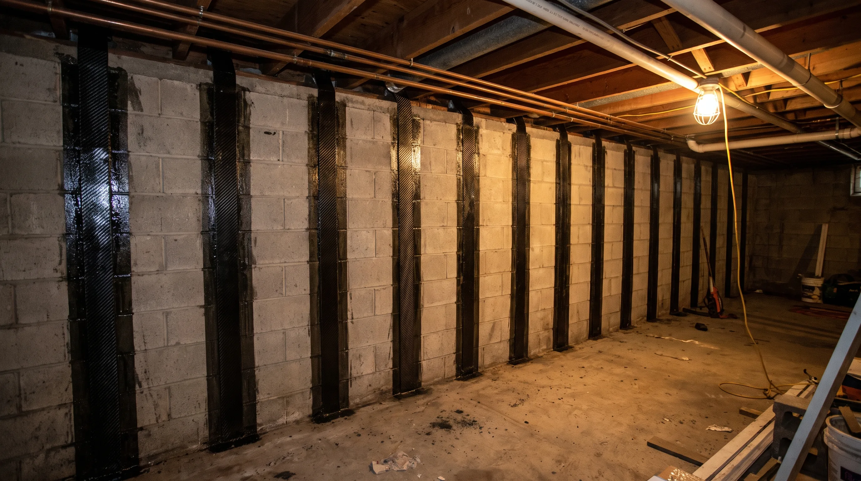 Carbon fibre wall reinforcement straps installed on a basement foundation wall in Winona, Hamilton