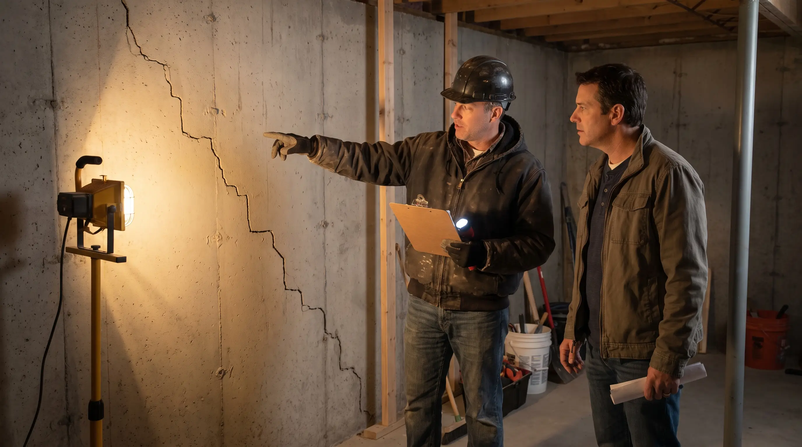 Project manager and homeowner examining a foundation crack during a free underpinning assessment in Hamilton