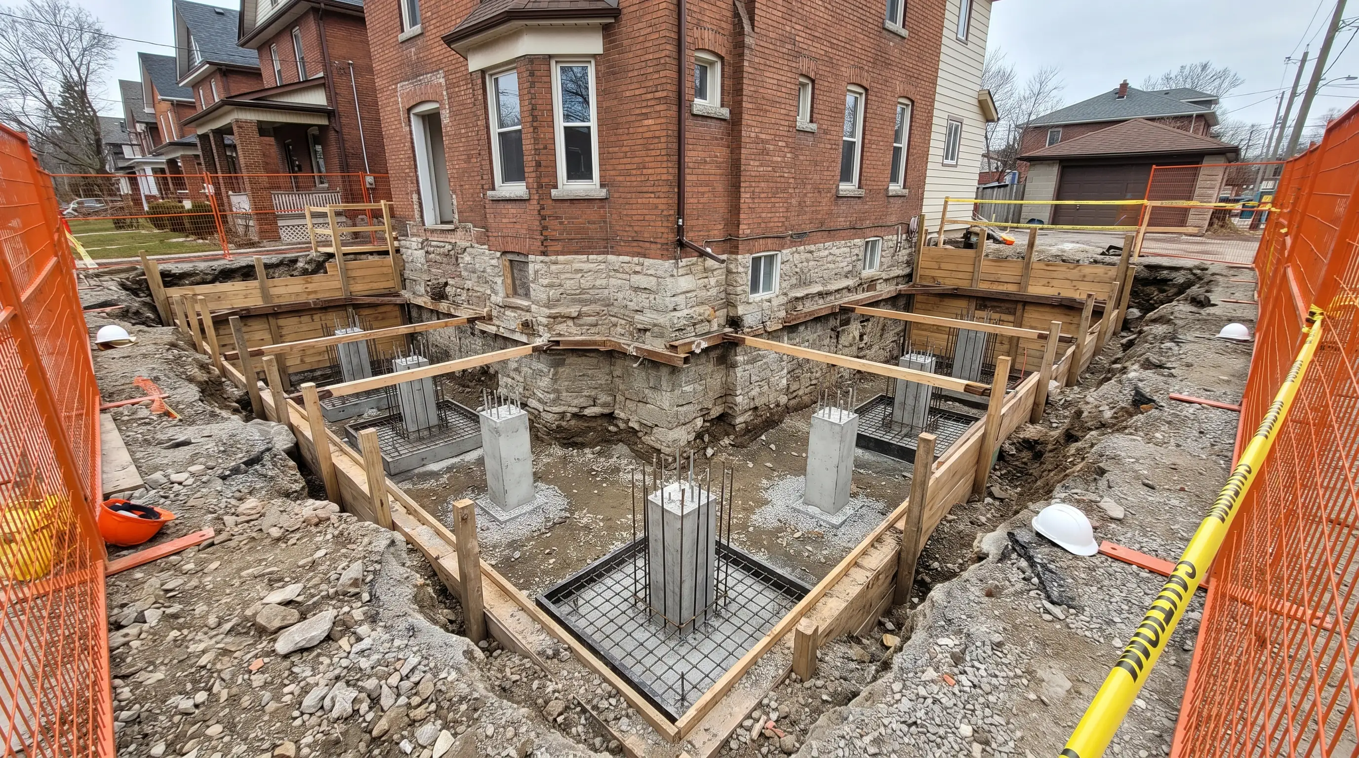 Section-by-section basement underpinning excavation beneath a Hamilton home foundation