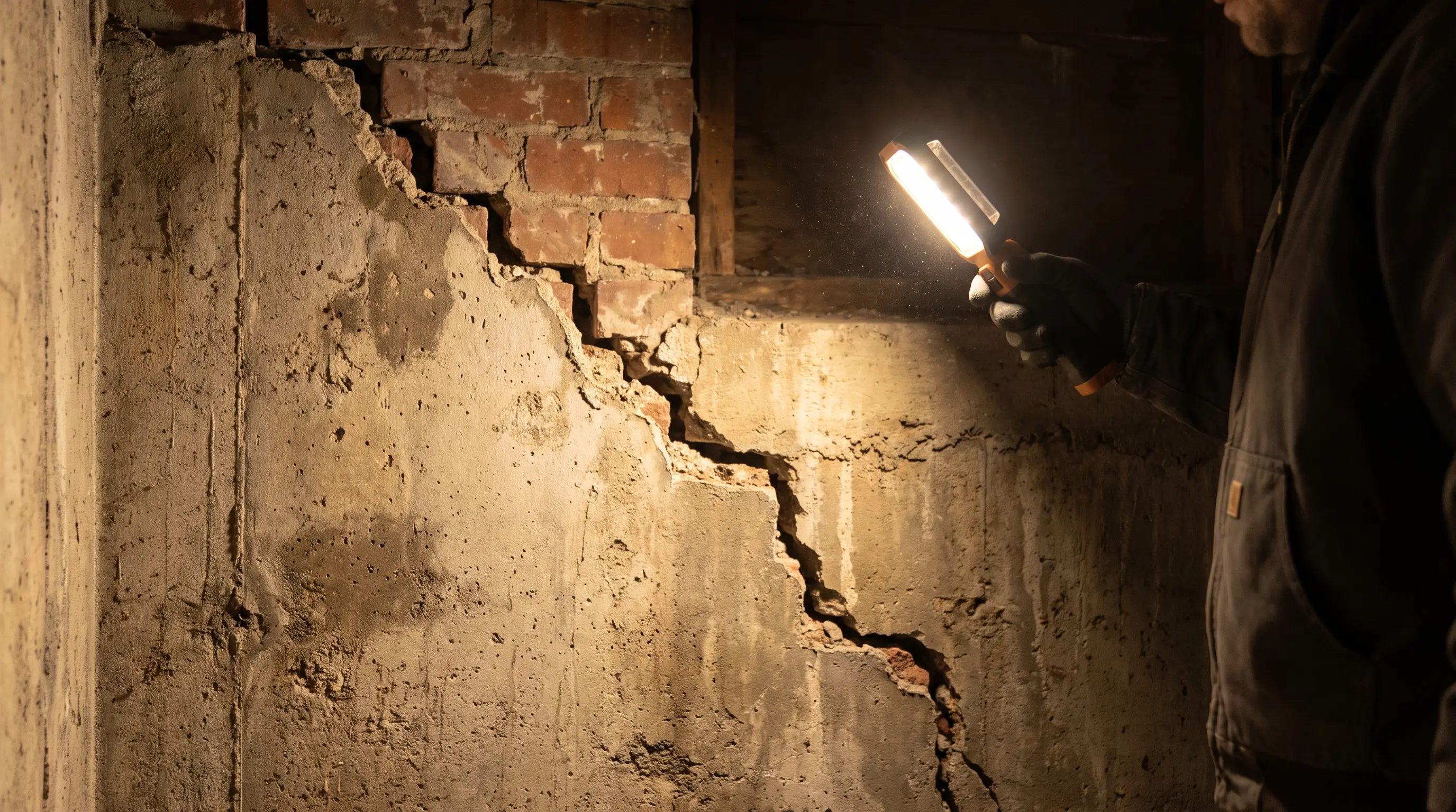 Close-up inspection of a stair-step foundation crack during a structural assessment in Gibson, Hamilton
