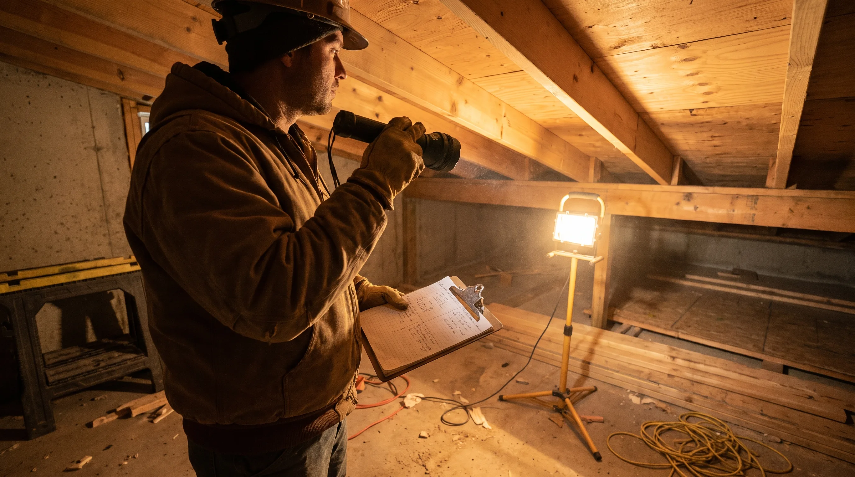 Contractor inspecting ceiling joist direction above an interior wall in a Hamilton home to confirm load bearing status