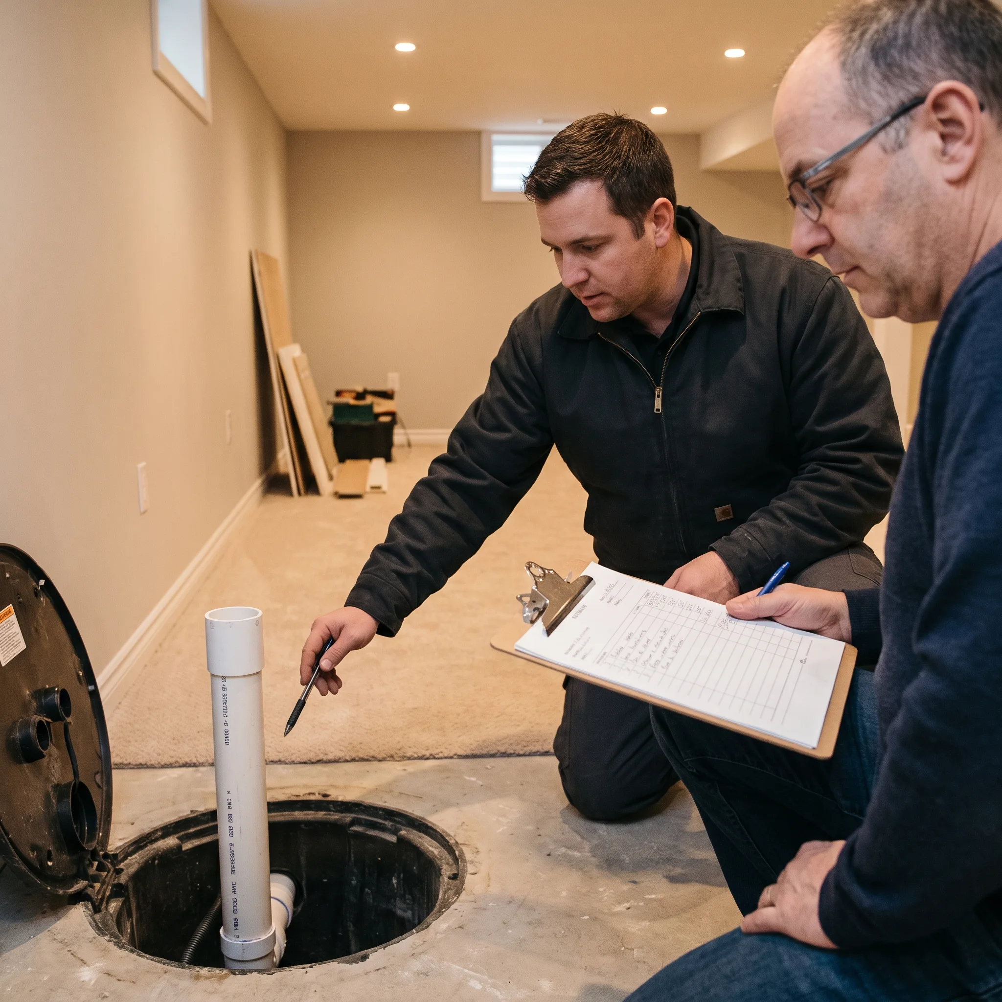 Contractor reviewing a written estimate with a homeowner beside a new sump pit installation in a Hamilton basement