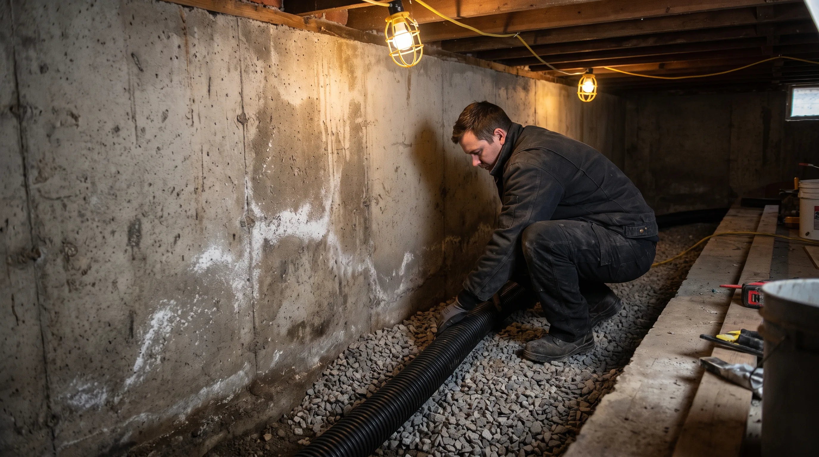 Interior weeping tile installation along an efflorescence-stained foundation wall in a Rosedale Hamilton basement