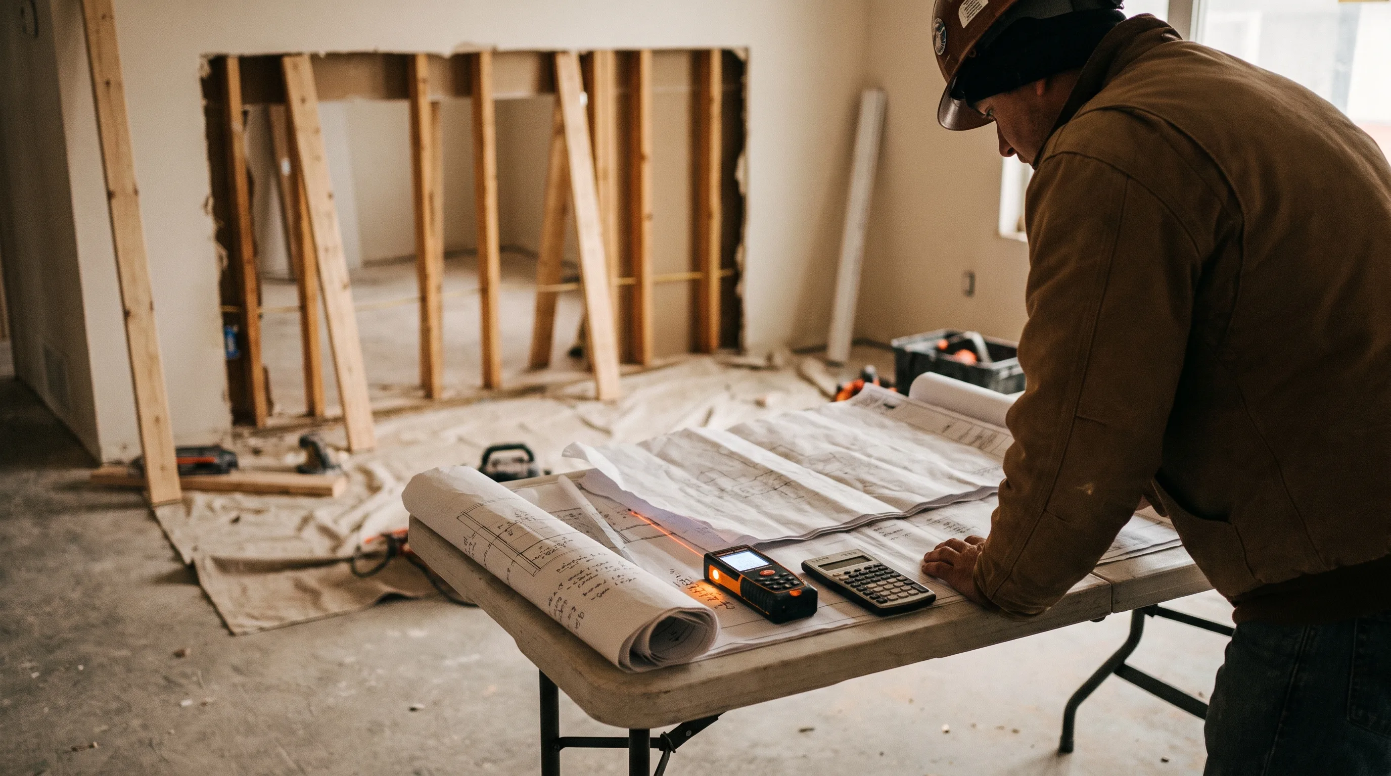 Structural engineer reviewing beam span drawings during a free load bearing wall assessment in Hamilton