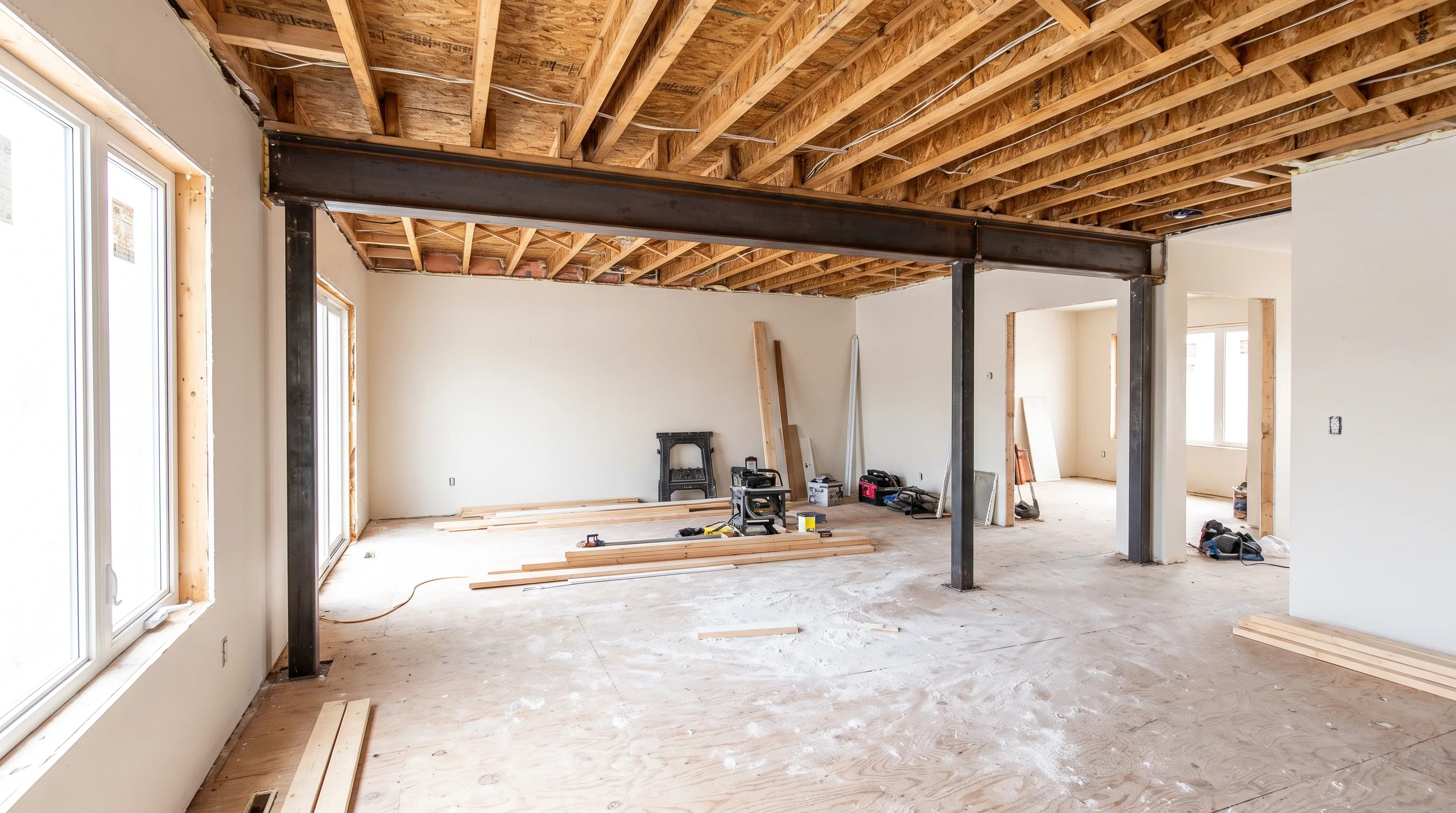 Engineered steel beam installed after load bearing wall removal in a Waterdown, Hamilton home