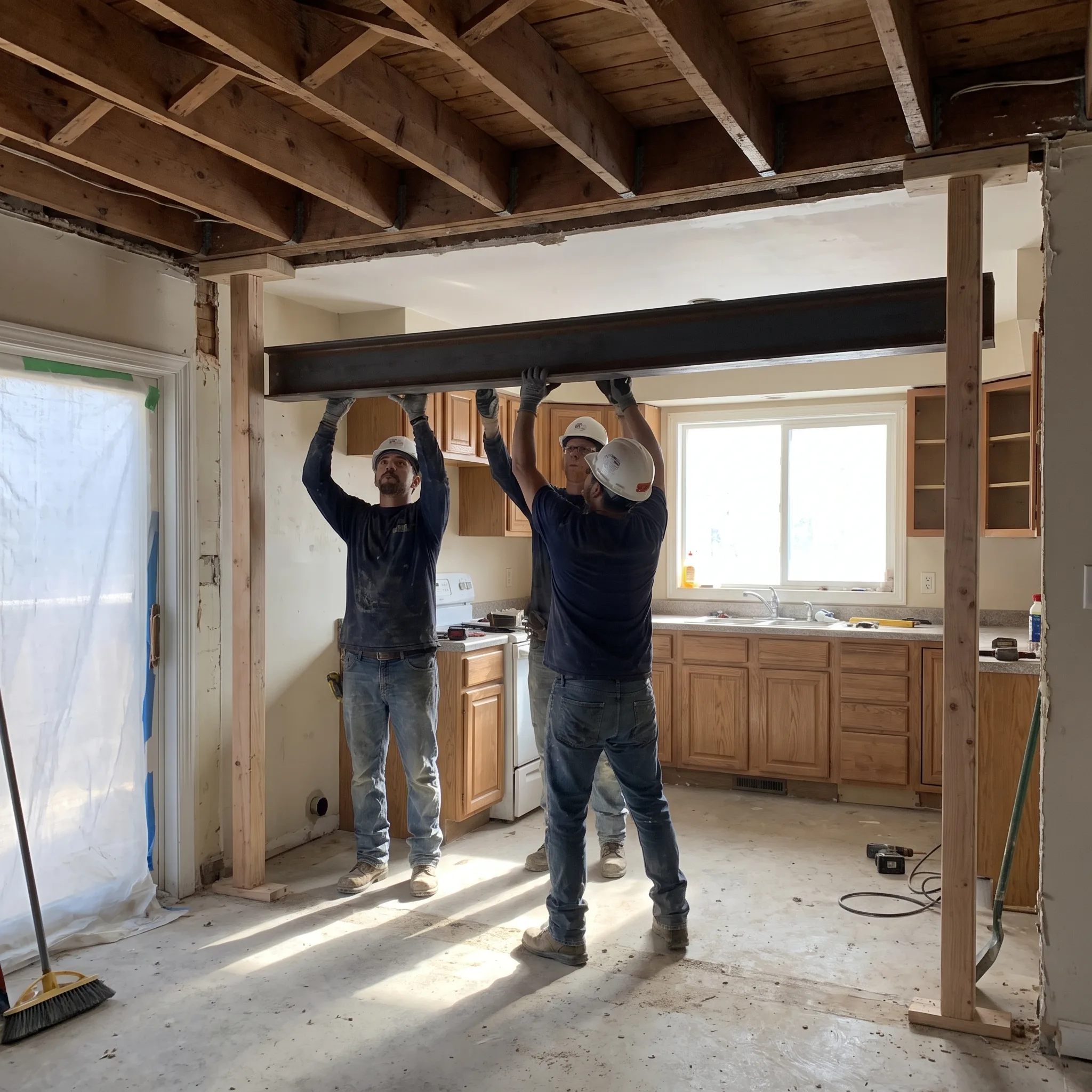 Steel I-beam installed in a Flamborough Hamilton kitchen after load bearing wall removal