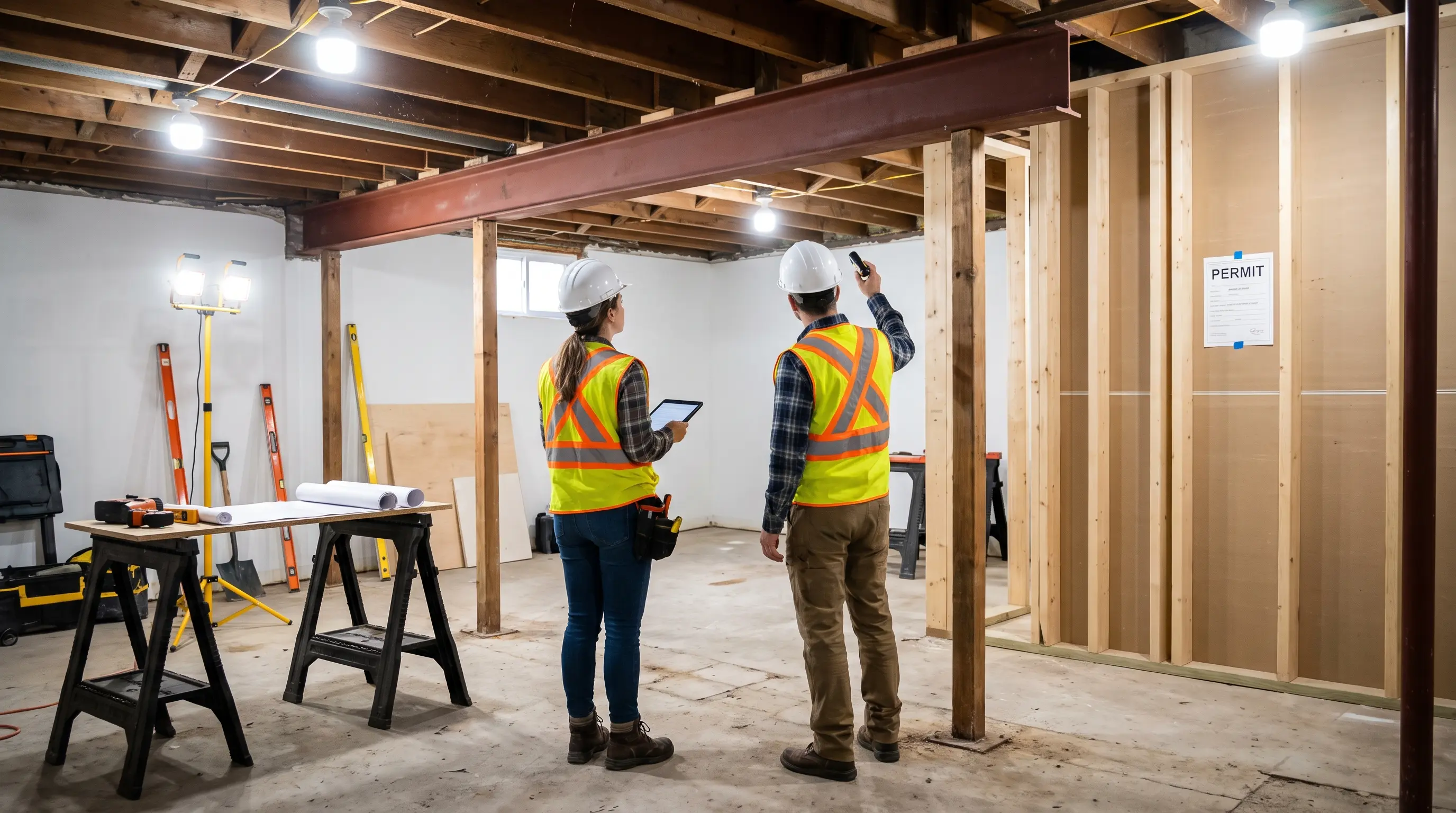 Contractor and City of Hamilton building inspector reviewing a permit posted at a load bearing wall removal jobsite