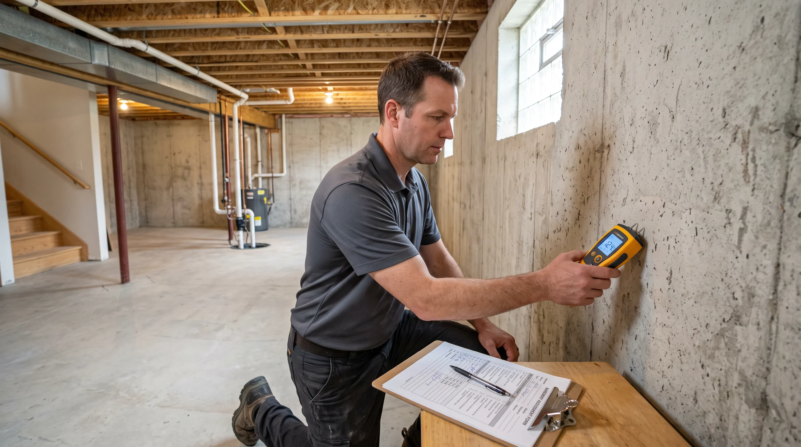 Project manager measuring basement wall moisture during a free waterproofing assessment in Hamilton