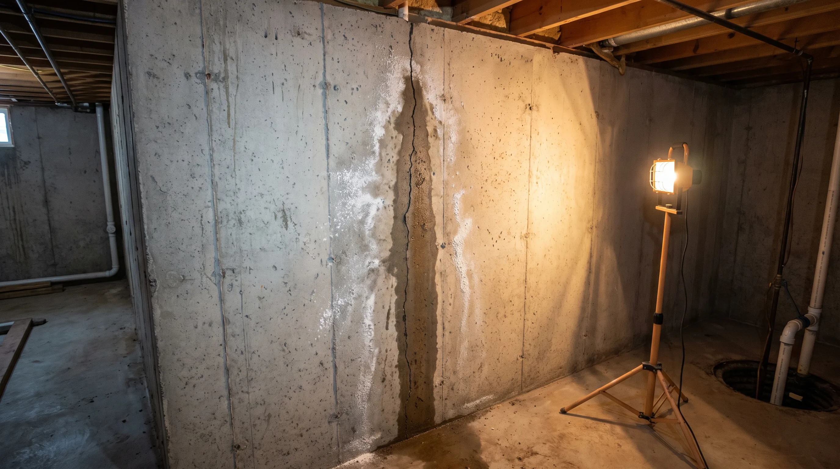 Cracked and damp basement foundation wall in a Hamilton home showing signs of water entry
