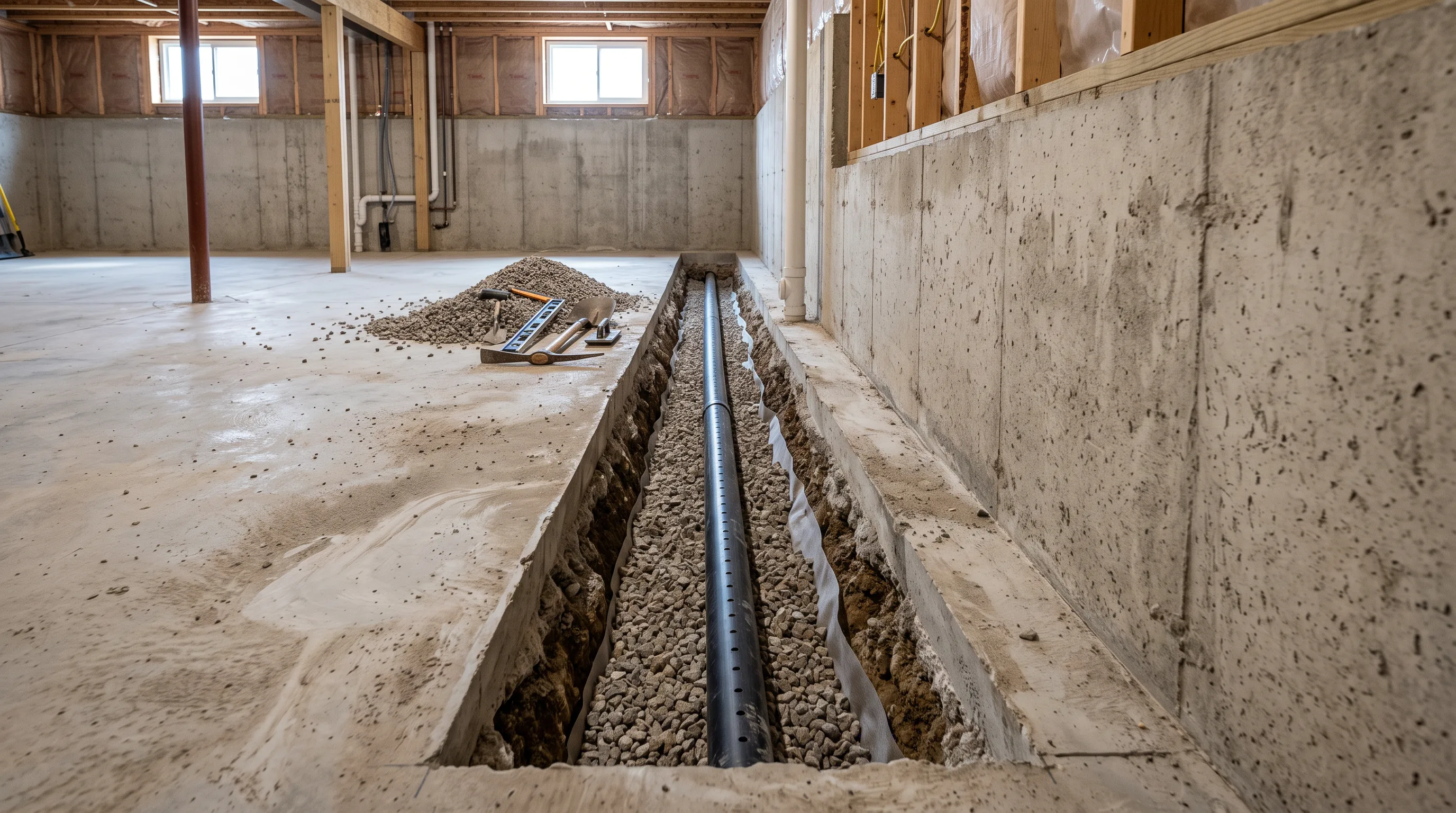 Interior basement drainage channel installation along a foundation wall in Glanbrook, Hamilton
