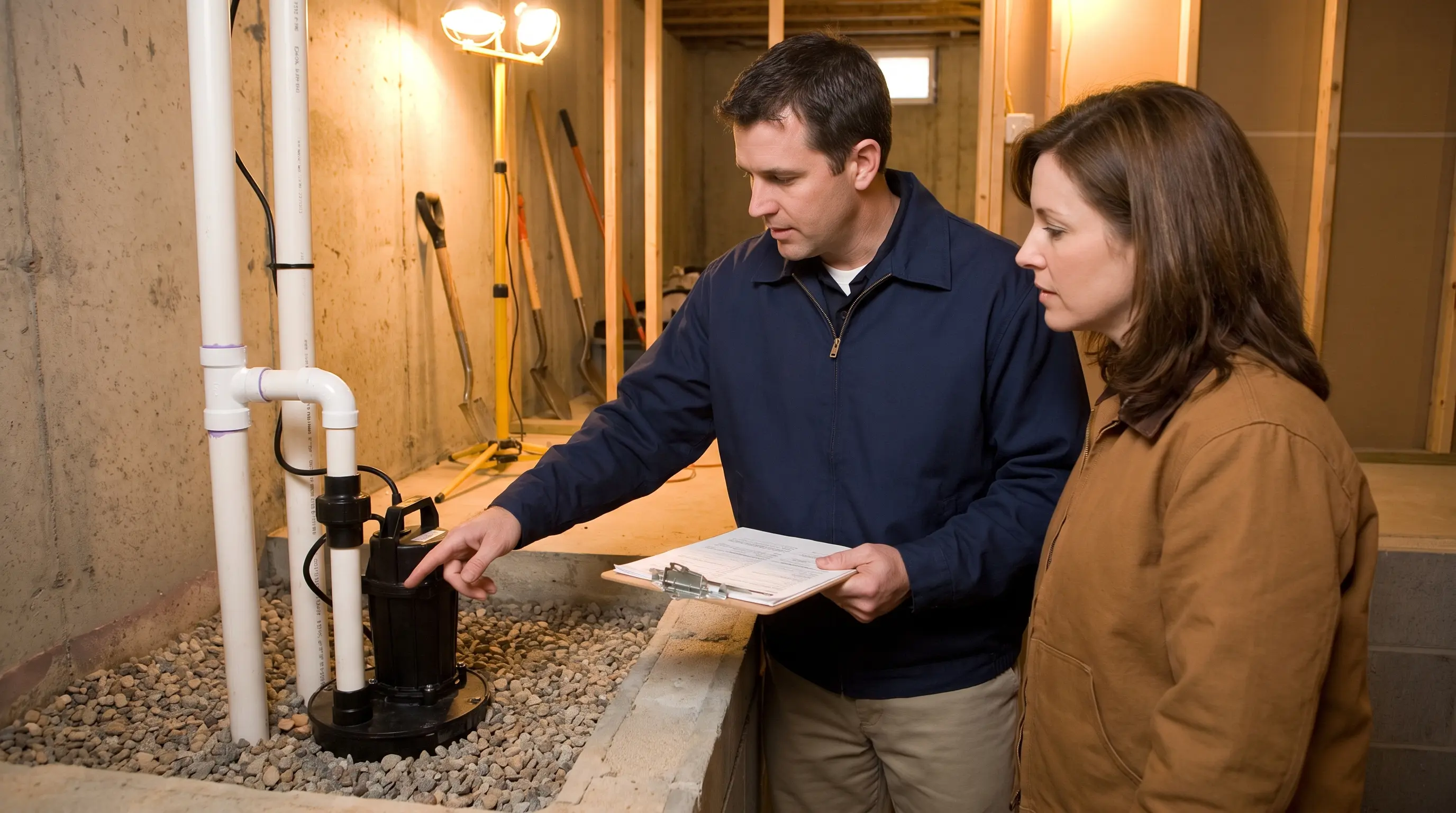 Project manager and homeowner discussing a spring flooding prevention estimate beside a new sump pump in a Hamilton basement