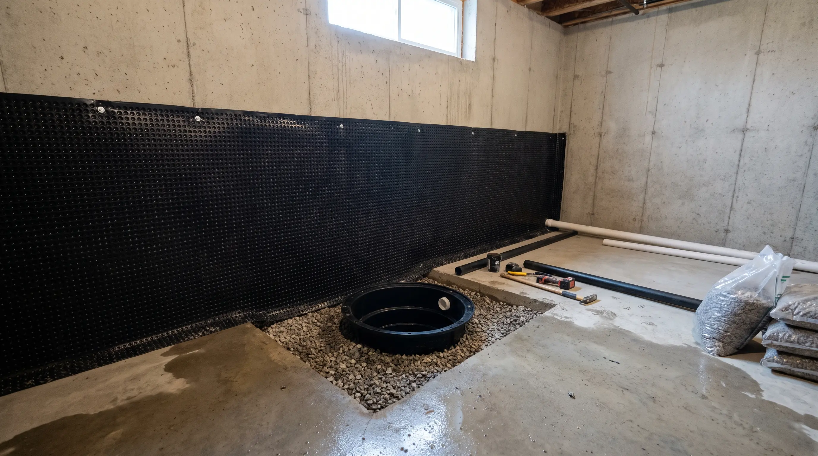 Interior drainage board and sump pit installation to prevent spring flooding in a Hamilton basement