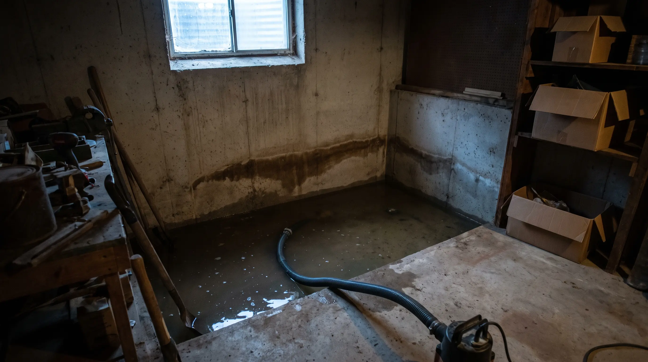 Standing water and staining on a Chedoke Hamilton basement wall before spring flooding prevention repairs