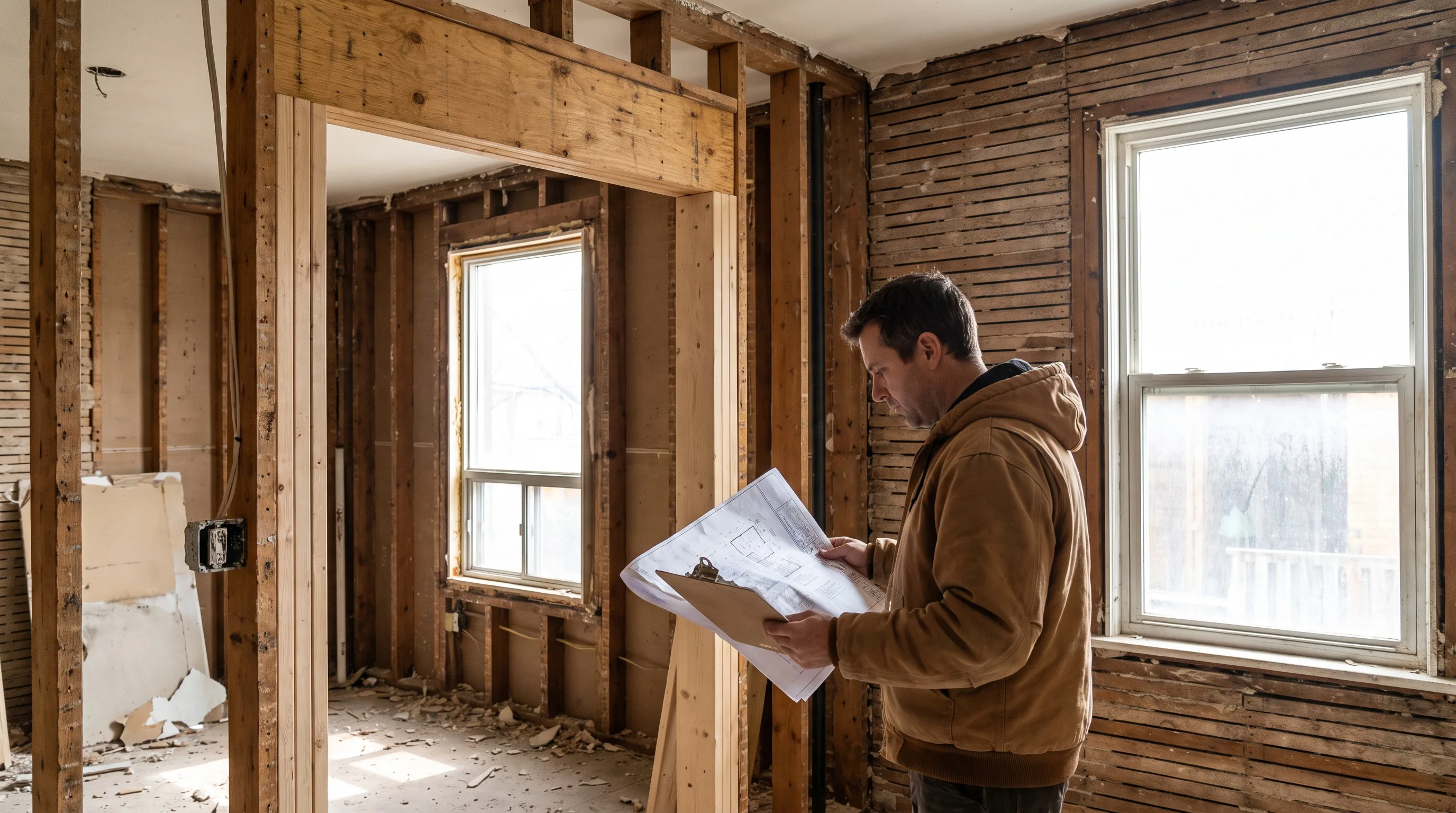 Contractor reviewing beam span blueprints during a free load bearing wall assessment in Hamilton