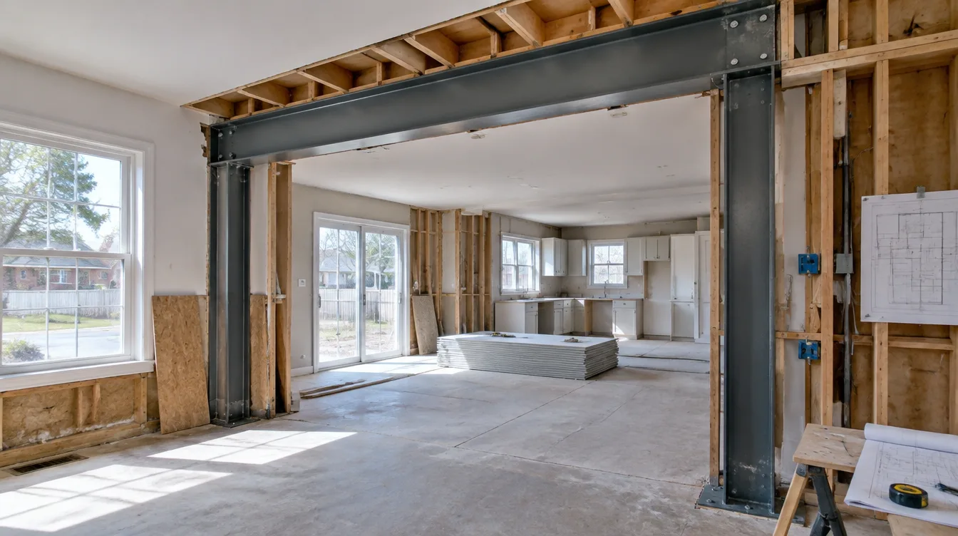 Engineered steel I-beam installed in an open-concept wall removal in a Hamilton home