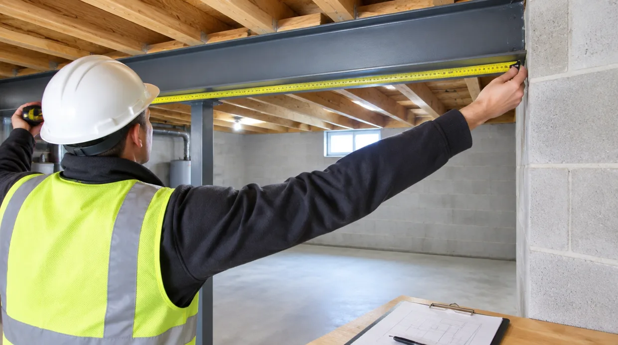 Assessor measuring a basement ceiling span with a tape measure beside a steel beam with a clipboard nearby