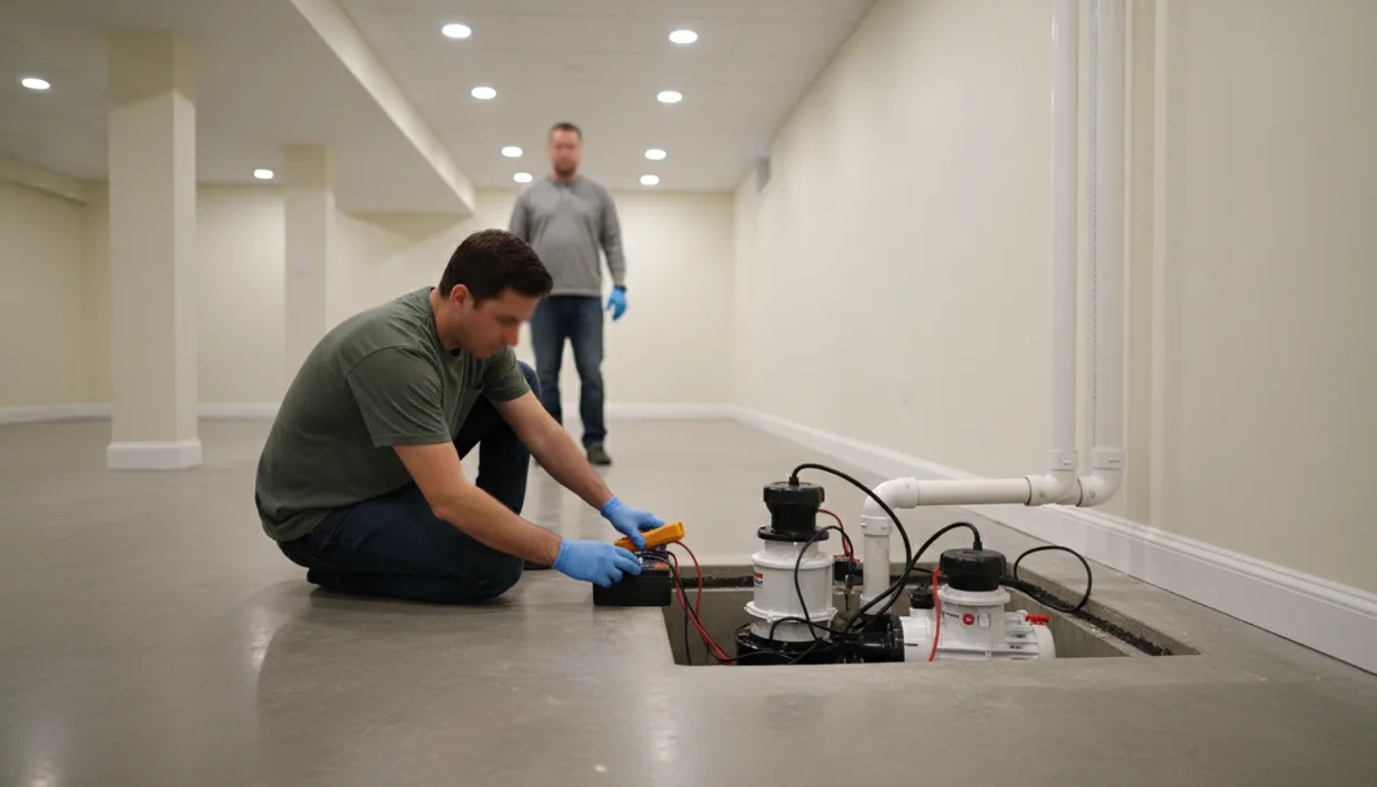 Technician testing a sump pump battery backup at a basement pit with a homeowner nearby