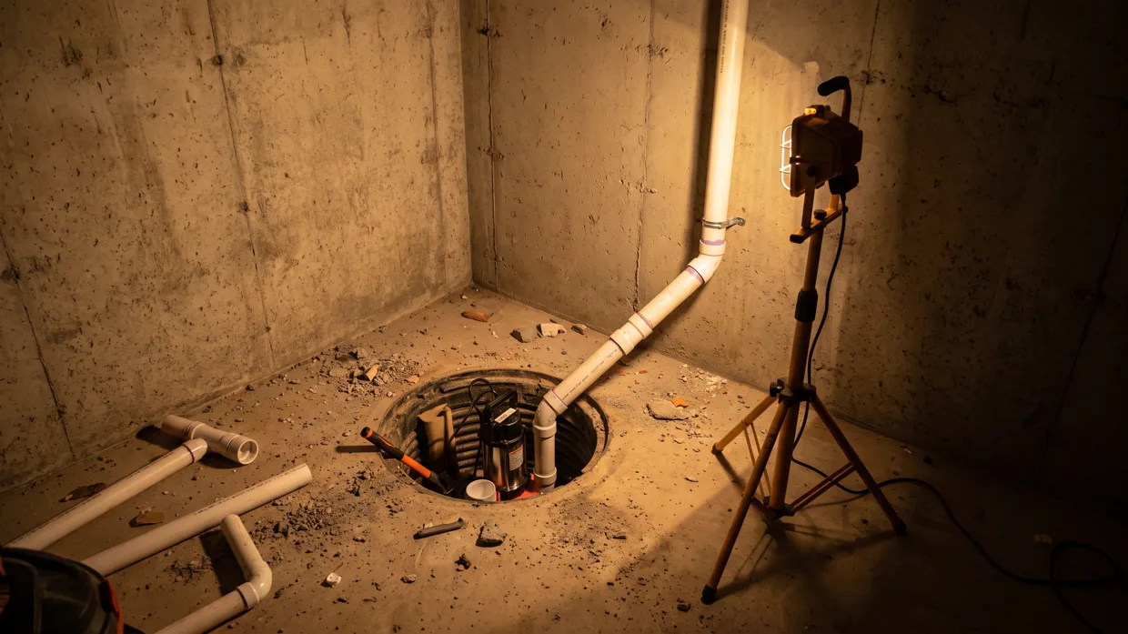 Basement corner with a sump pit and pump mid-installation and discharge pipe partially connected