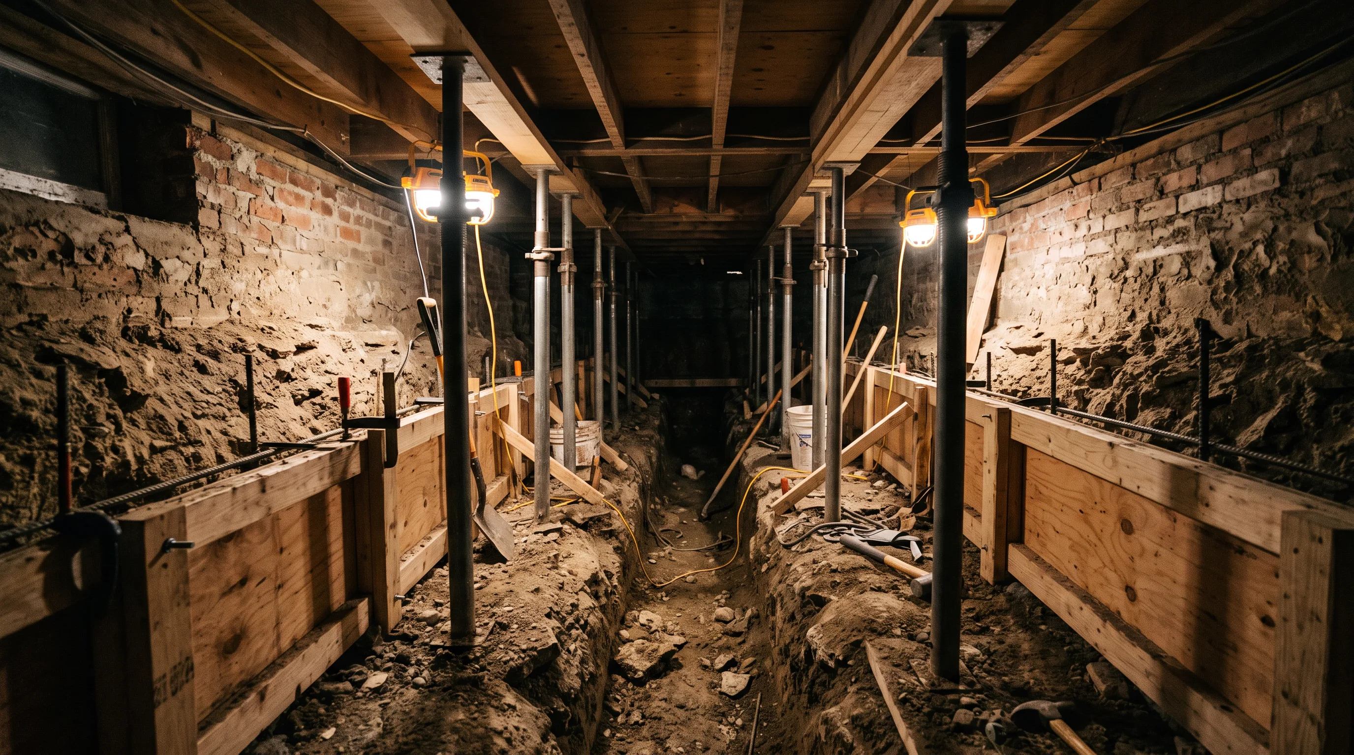 Crawl space excavation in progress beneath a Hamilton bungalow, going from 3.5 feet to 8 feet of ceiling height