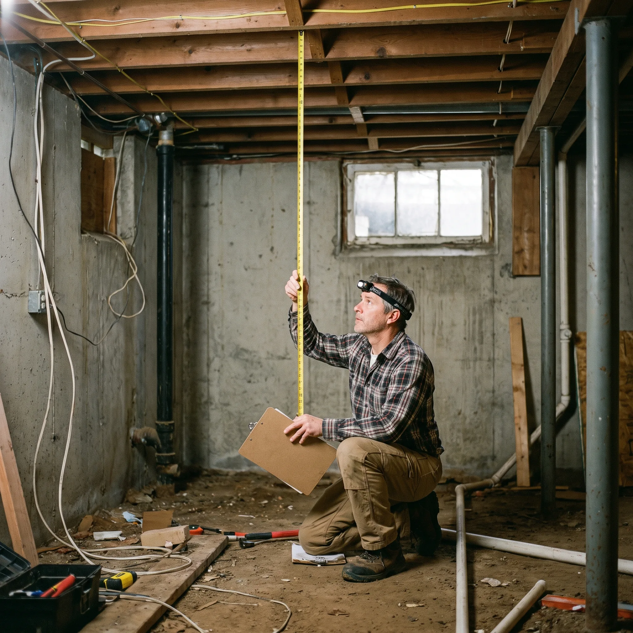 Project manager measuring basement ceiling height during a free underpinning assessment in Hamilton