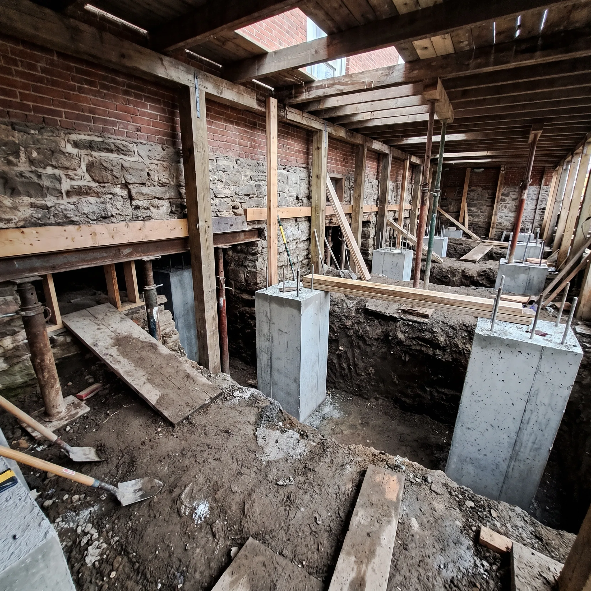 Section-by-section basement underpinning excavation beneath a Hamilton home foundation