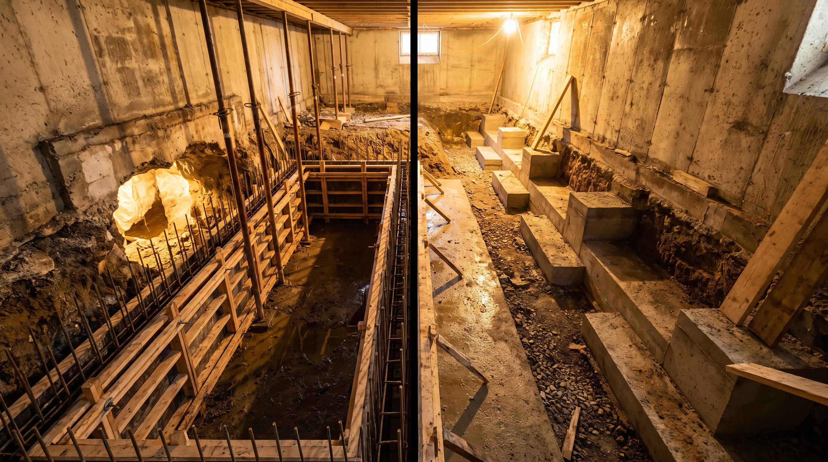 Section-by-section basement underpinning in progress on a Hamilton residential foundation