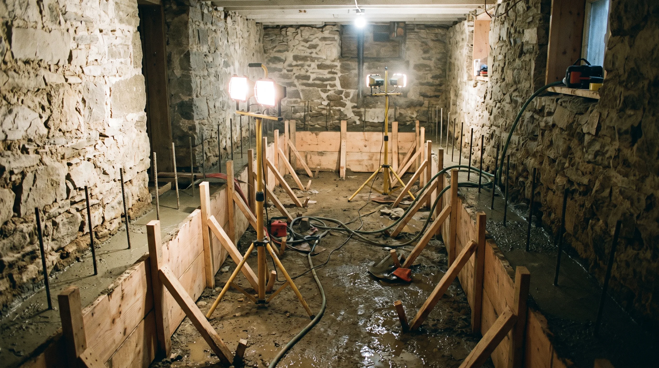 Full basement underpinning sections in progress on a narrow century home foundation in Dundas, Hamilton