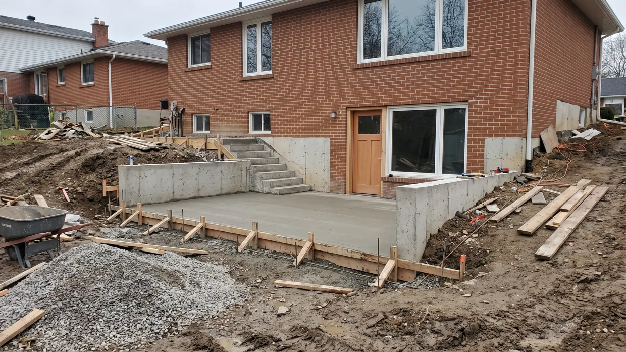 Walkout basement door and grade-level concrete patio under construction on a Hamilton home