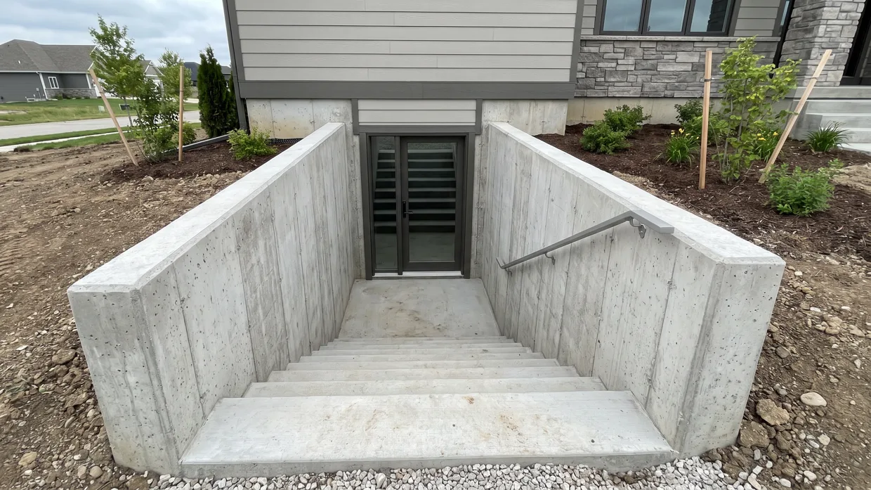 Newly built concrete walkout basement stairwell leading to a grade-level door on a Hamilton home