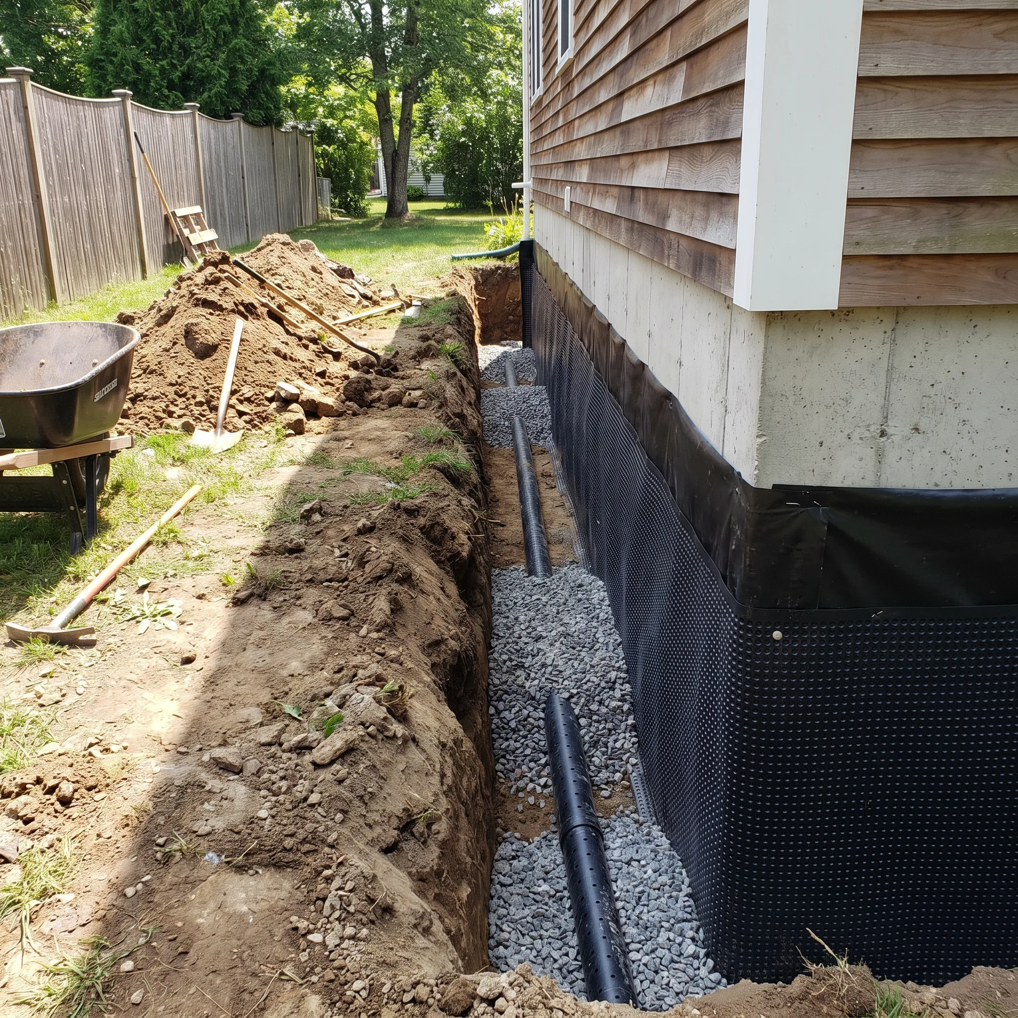 Exterior foundation waterproofing membrane and excavation at a Landsdale, Hamilton home